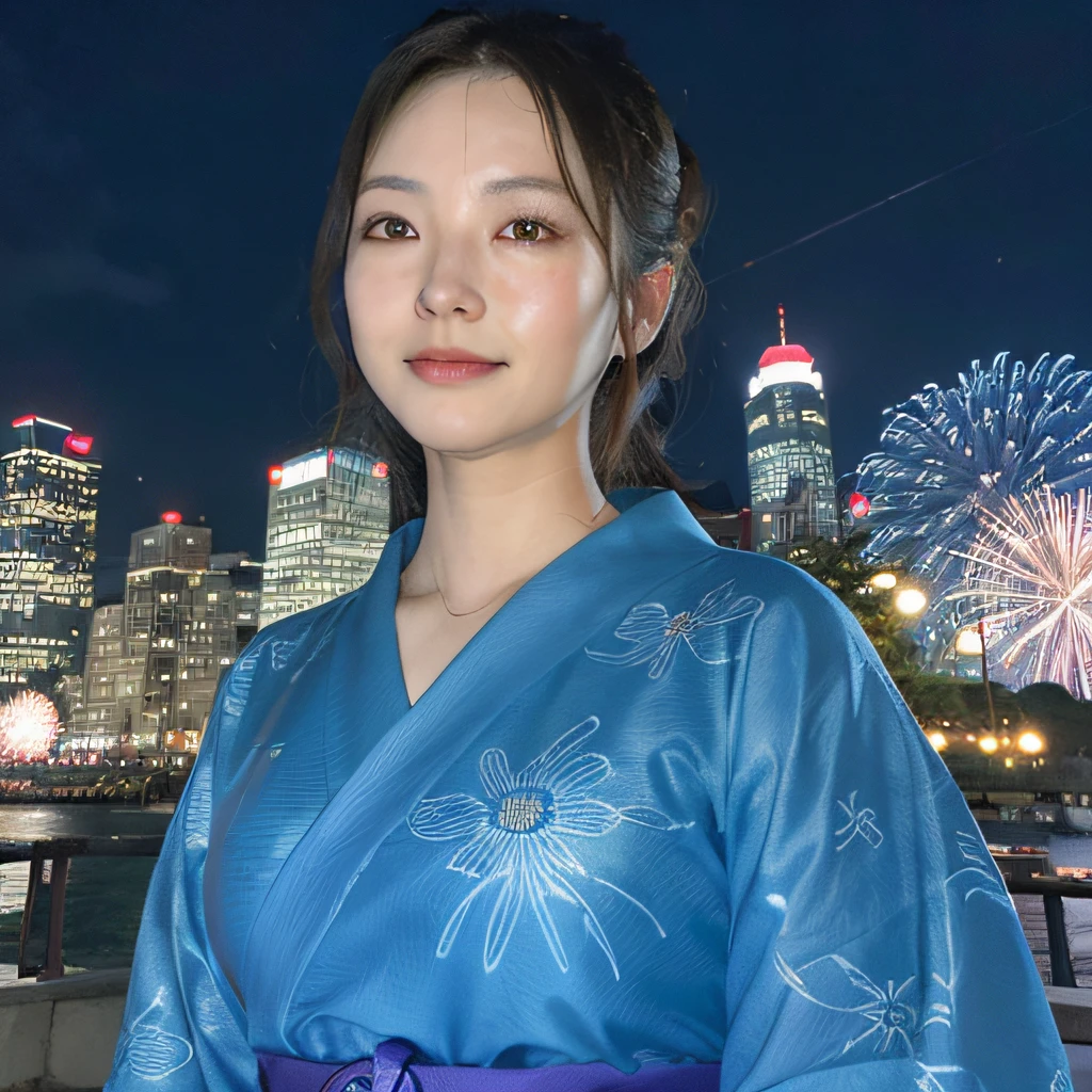 ((​masterpiece、top-quality、ultra-definition、hight resolution))、4K.独奏、Beautiful woman at 33 years old、Korea person、Slimed、the perfect body、Beautiful sister、Blue theme、Yukata、Fireworks at night in the background、Japan Yukata