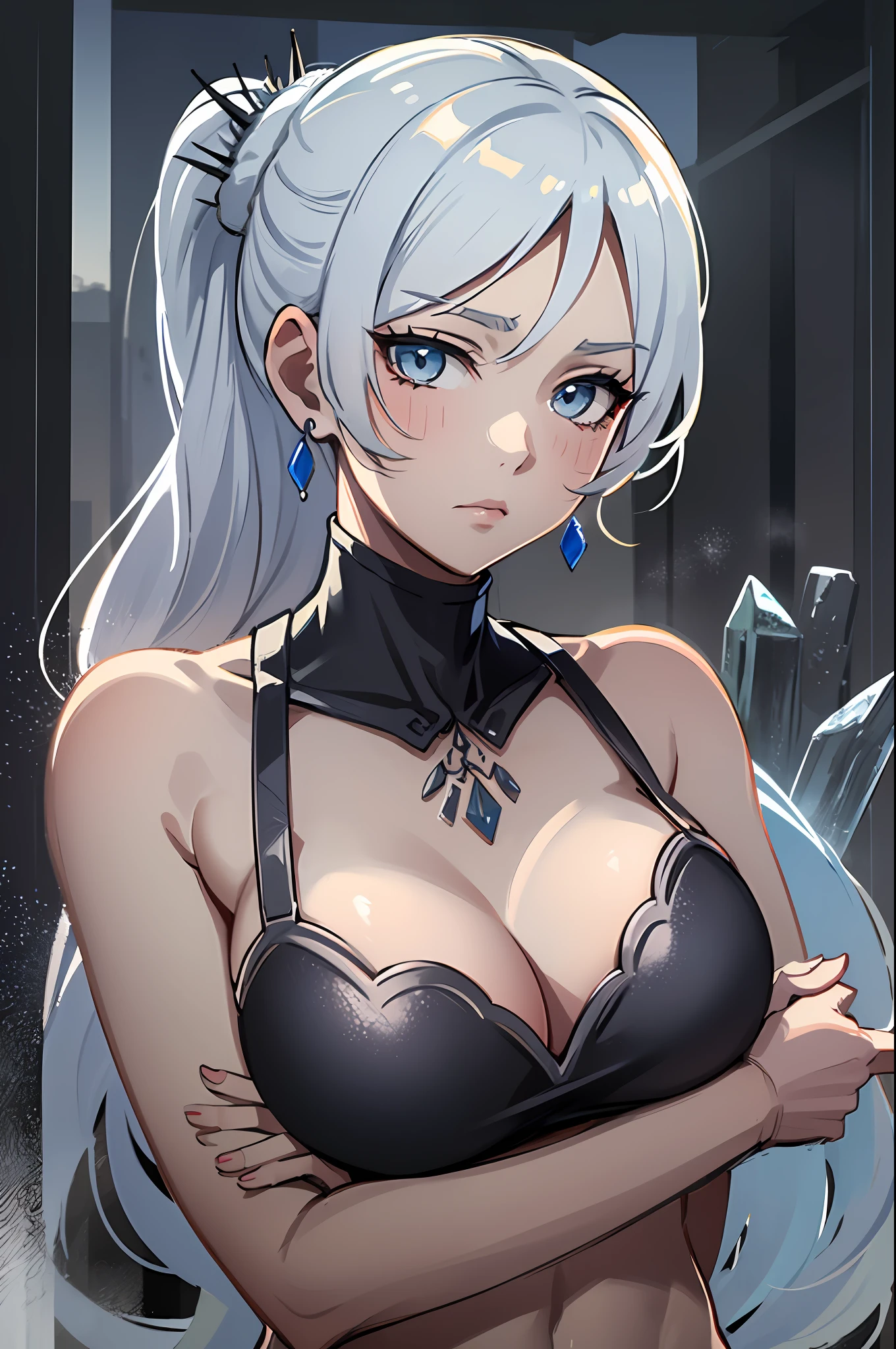 (Masterpiece, Best Quality:1.2), Cowboy shot, 独奏, 1girl, white colored hair, Vaisvale, expressionless, closed mouth, looking a viewer, crossed arms, pony tail, scar across eye, whitedress, Jewelry, necklace, earings, Huge-breasts, convex areolas, upper-body, Spacer frame, Erotica, steam, (Shards of ice, Sex), glistering, Generally chubby, стервозная, High Commercial Industry, slap, Wet, Red Hand Mark