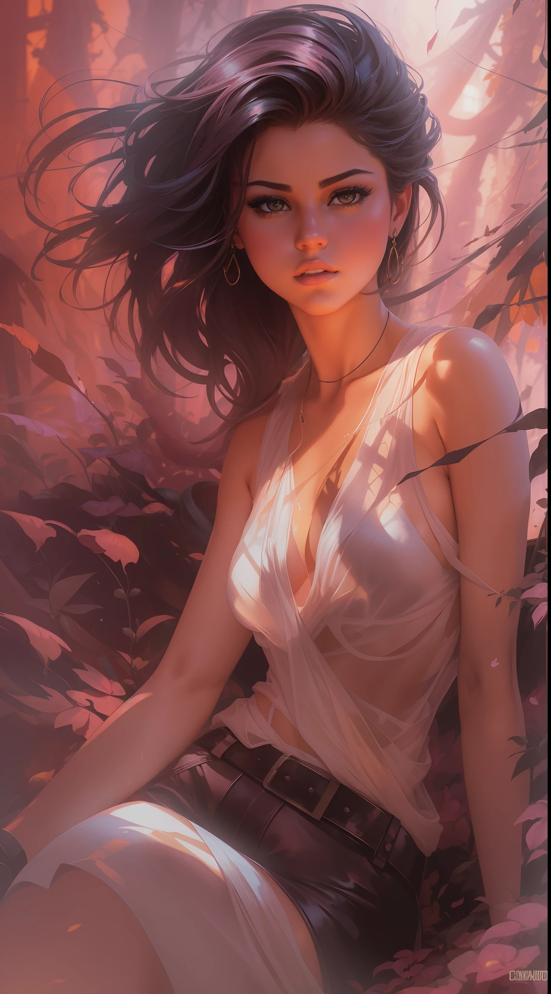 Beautiful Selena Gomez at the top of the pink tank; Ben Bocchao, Michael Garmash, Daniel F. Gerhartz, Clint Sirley, Carne Griffiths, Jean-Baptiste Mong, Strebeck style, Warm dreamy lighting, Matte background, volumetric lighting, Pulp adventure style, Liquid acrylic, Dynamic gradients, Dark color, illustration, A highly detailed, ، simple, Smooth and clean vector curves, vector-art, downy, Johan Grenier, Character Design, 3D التظليل, Fan Box, Cinematic, Decorative motifs, Elegant organic framing, hyperrealism, poster, Masterpiece Collection, Bright lush colors, TXAA, Penumbra, Alcohol coating, Law of Ghawash