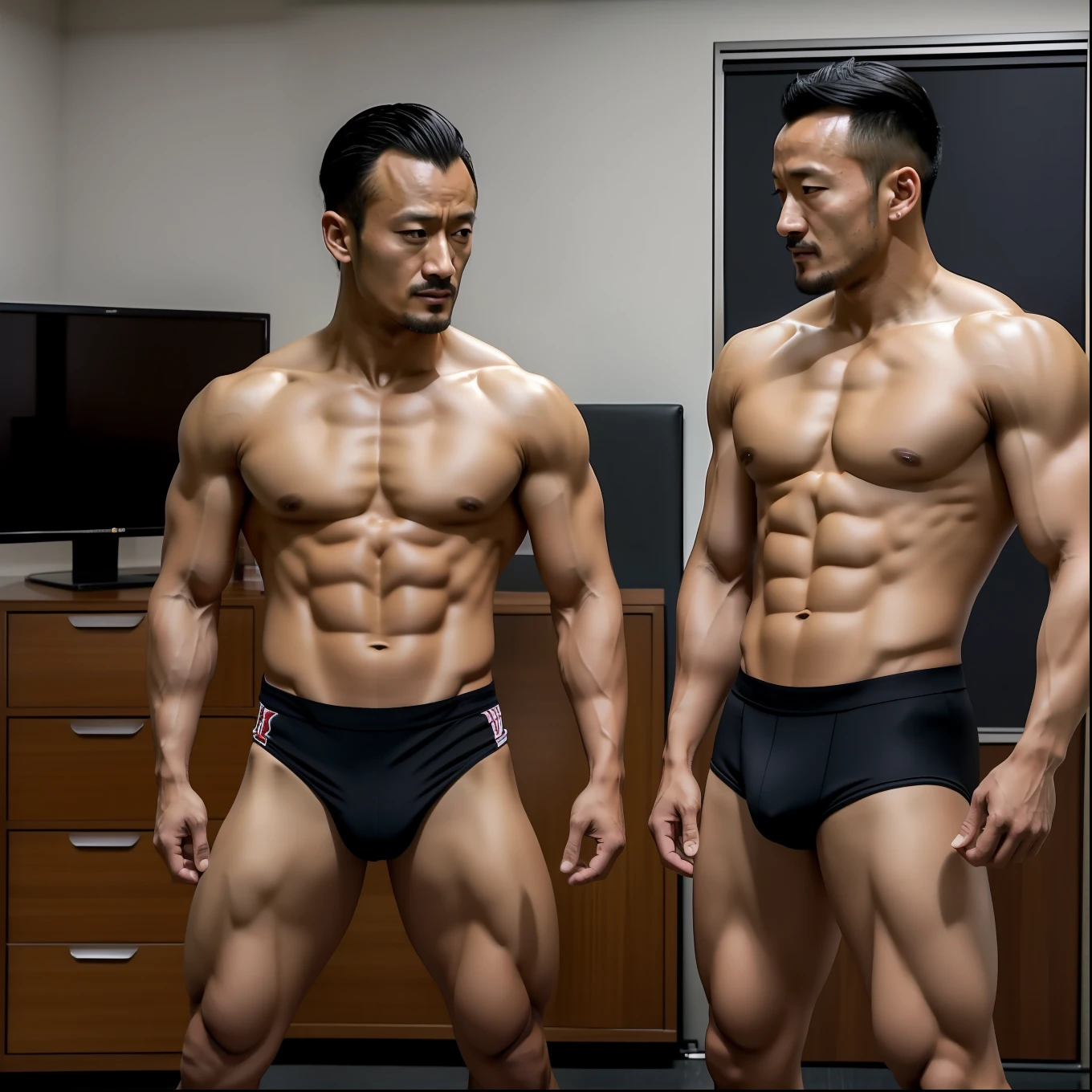 Hidetoshi Nakata ,Kogoro Mouri0.8,Tong,Bulge,office room,black long socks,Thin,musculature,lbeard,fortitude,artwork of a,tmasterpiece,k hd,two guys,One word horse