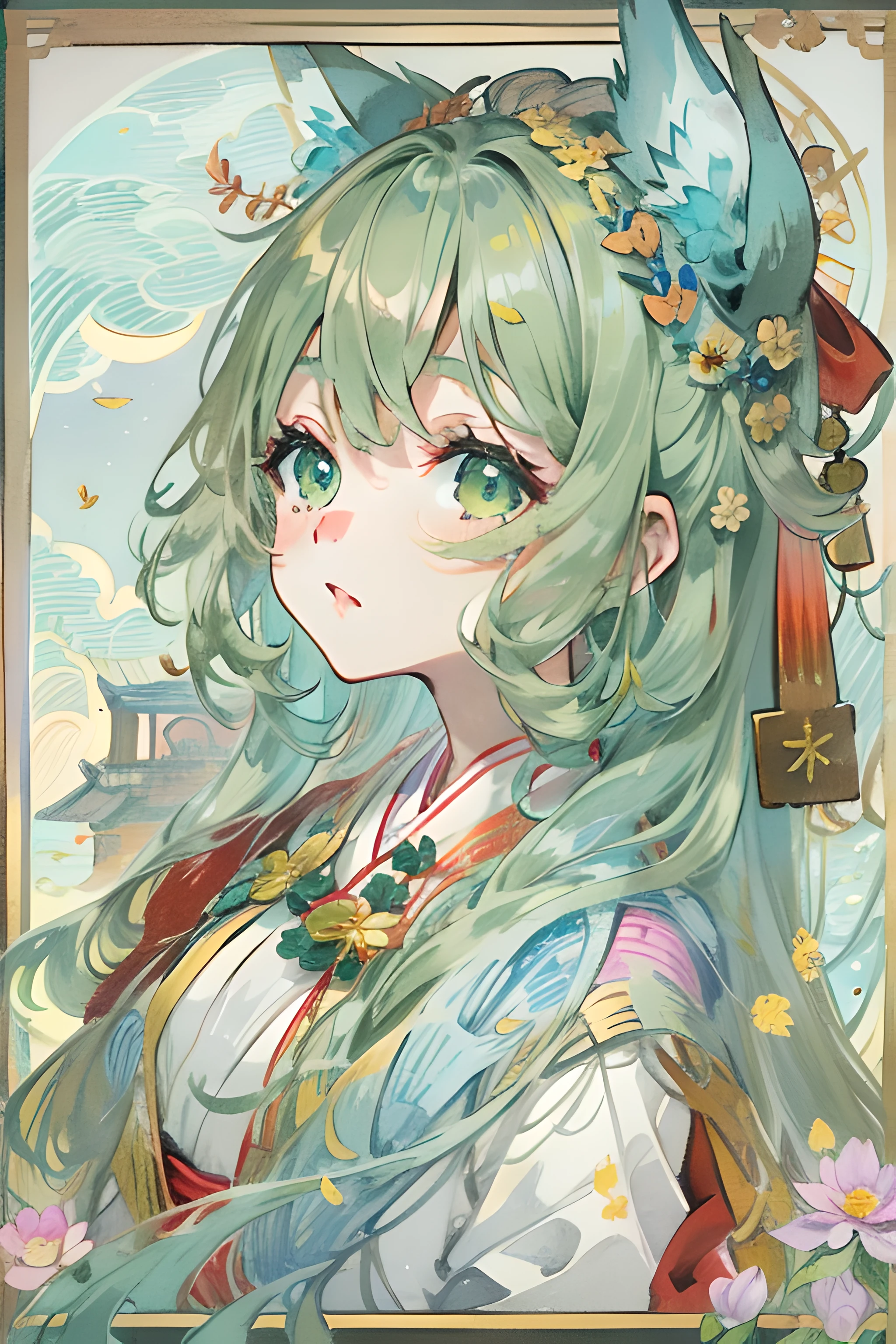 1girl,(fox ear:1.1),Shirakami Fubuki,looking at viewert,jewely,ribbon,Ribbon sleeves,long whitr hair,white colors,Aqua green eyes,watercolor paiting(Curly),colorized pencil(Curly),green bow,(blue rose:1.1), 耳Nipple Ring, mont, eventide, fall leaves, ((autumn)), Hanfu, clouds, east asian architecture, The bird, face expressionless, buildings, red rose, rosette, yuki, snowflower, firey, (nagishiro mito:1.2 ), Skysky, blue-sky, Red Moon, fox tails, kitsune mask, reddress, dampness, Sateen, Eau, flor branca, blueflower, yellowflower, meteors, starrysky, The tree, Green background, rainbowing, bloods, casa,the street,(rios:0.8),(the ocean:0.8),(waterfallr:0.8),The hand does not show in the sleeve,lamp post,lamp lights,(the night:1.255),hitodama