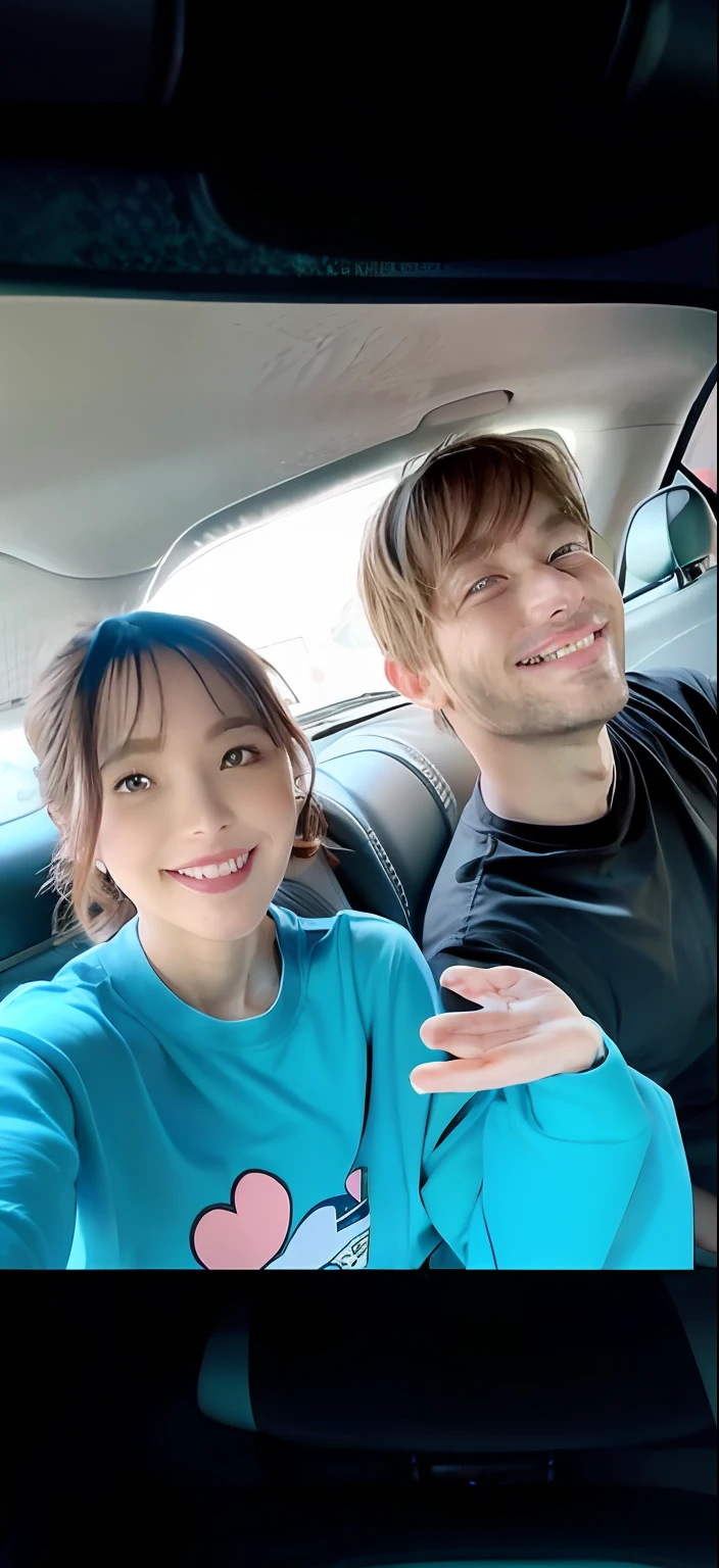 there are two people sitting in the back of a car,Selfie Photos,cute couple,couple