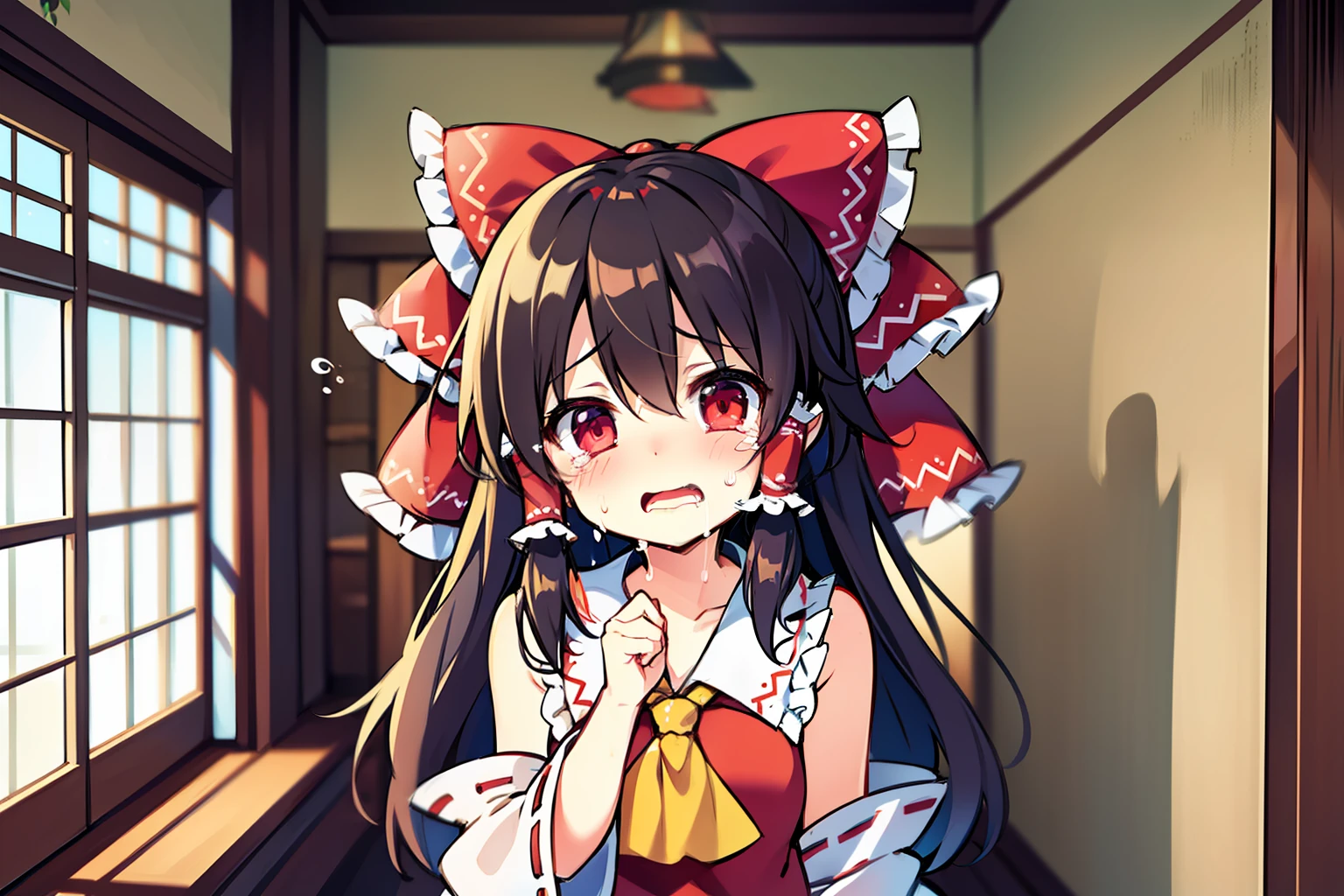 hakurei reimu, crying, indoors,