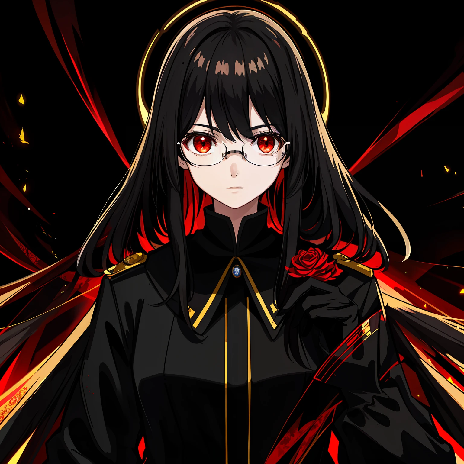 8k,ultraclear,anime wallpaper,An extremely delicate and beautiful,carismatic,Exquisite cinematic lighting,Short fluffy black hair,Blood-red eyes,teens girl,Solid black trench coat,army suit,Black gloves,magister,the emperor,black-frame glasses,(The terrace of a luxurious palace),full of lights,Reign in the world