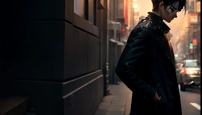 ​masterpiece、top-quality、1male people、Street corner with glowing car taillights、Stand leaning against the wall、Man in a trench coat、Sorrow、Sateen、natta、