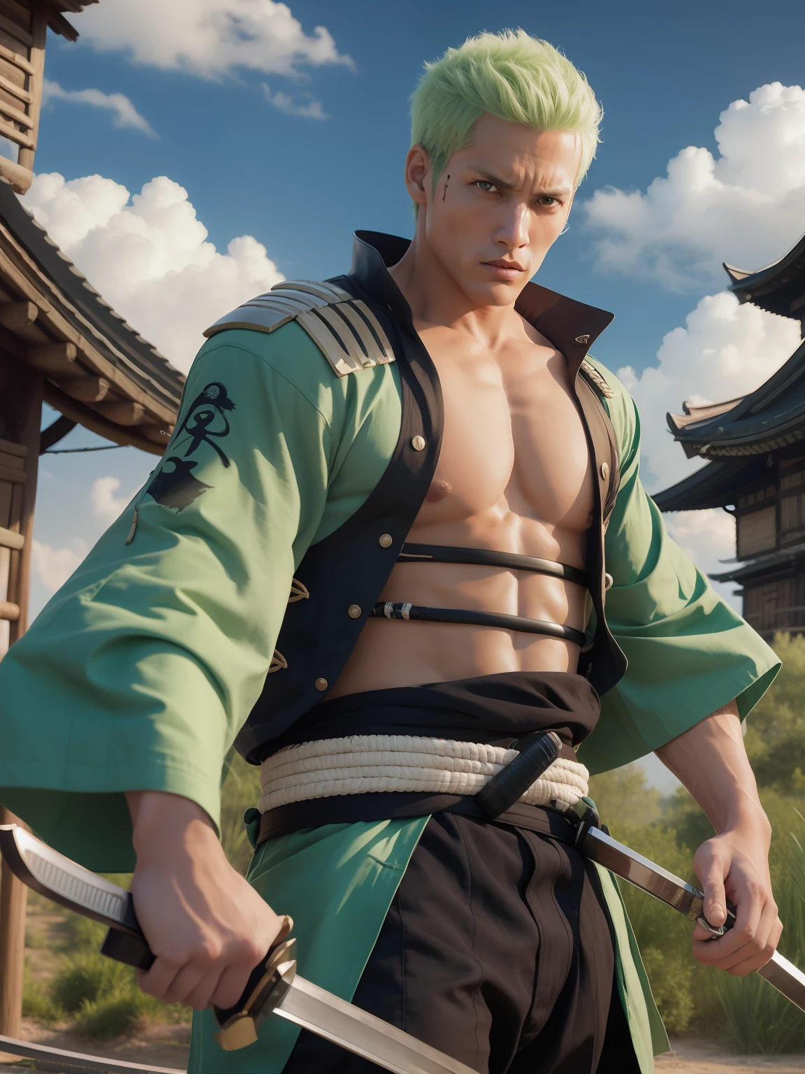 1man, zoro, samurai, pirates, short hair, green hair, katana, white t-shirt, realistic, ultra detail, 77mm lens