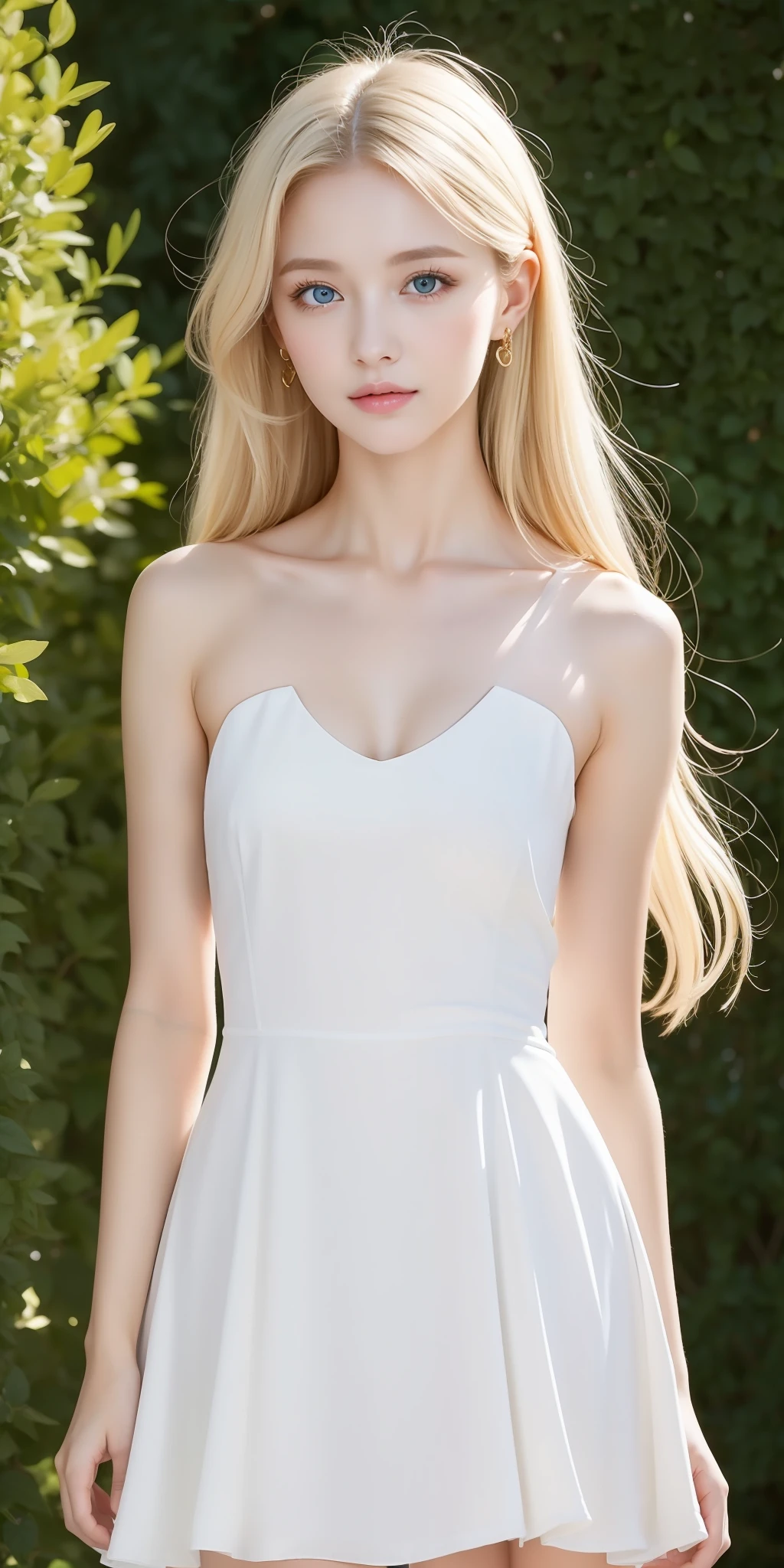 A woman of beauty in a fantastic space, Tight micro dress white and gold color, 98k, {{Masterpiece}}, Best quality, High quality:1.4), {{[[front look}}, eye_contact,Various photo actions)]], very pretty look face, and very pretty eyes, cute images, cute images, {{full body}},（（beautiful legss））, （slim sexy body）, （177 meters）, Solo, Beautiful, Lovely, ，Adorable, Pale skin, {{18to 22 years old German girl}}, look beautiful German girl and blue eyes or green eyes with platinum blonde hair color), Nordic German young girl,golden dress