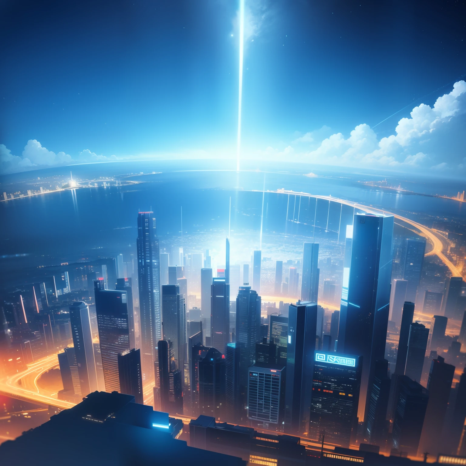 Paisagem cyberpunk, perto do mar, fundo escuro e claro, (paisagem detalhada), 4k, mar muito detalhado, star-filled sky