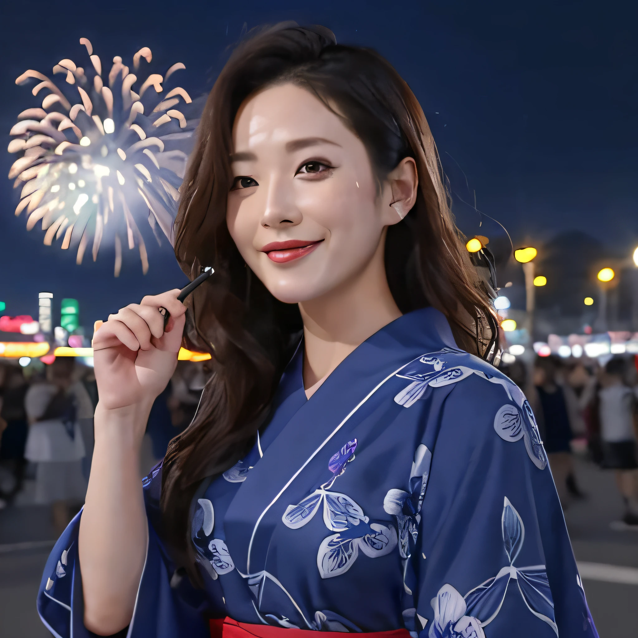 ((​masterpiece、top-quality、ultra-definition、hight resolution))、4K.独奏、Beautiful woman at 33 years old、Korea person、Slimed、the perfect body、Beautiful sister、Blue theme、Yukata、Fireworks at night in the background、Japan Yukata