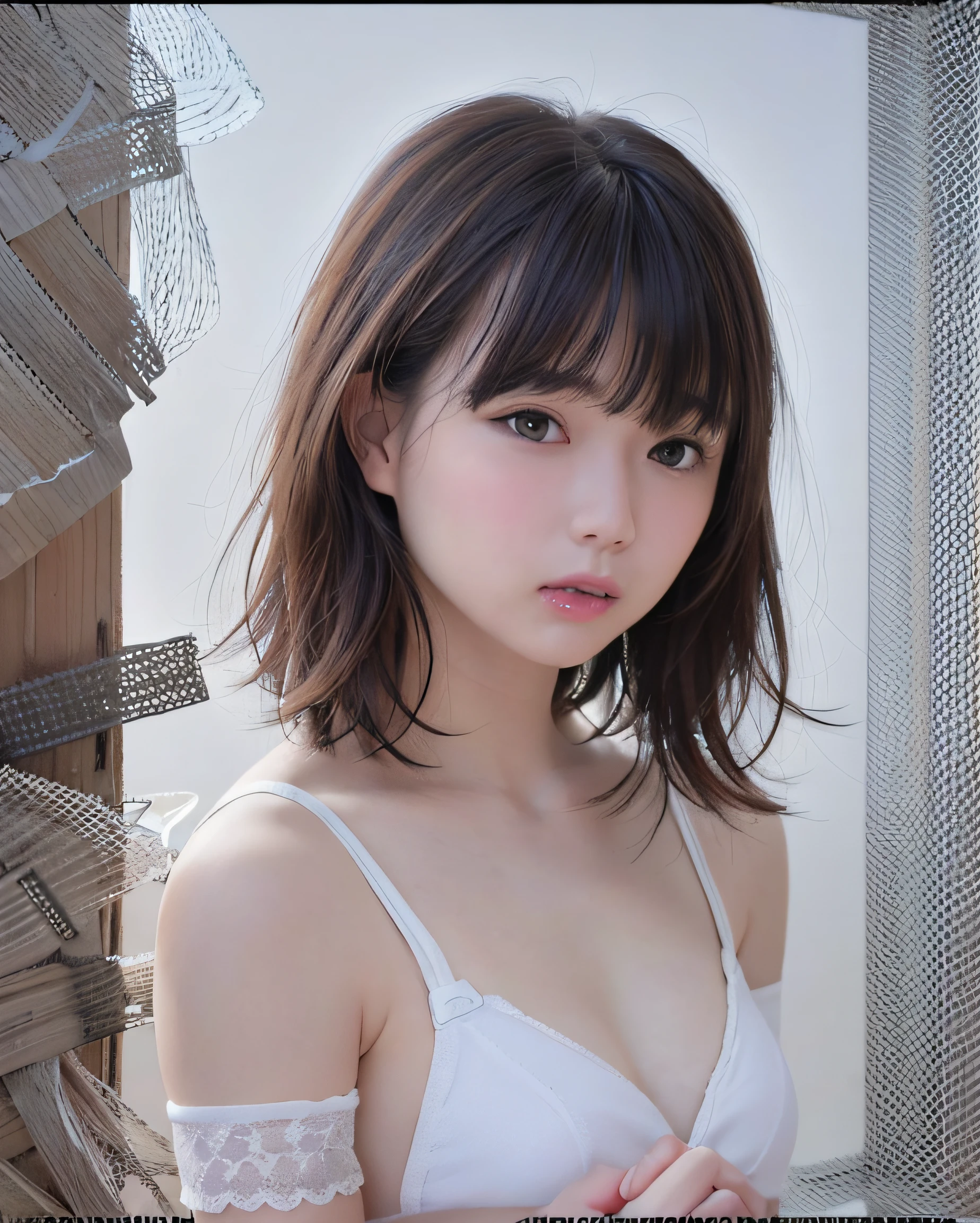 top-quality、Photorealsitic、8K、hight resolution、1girl in、femele、(Skindentation)、(portlate:0.6)、a gorgeous、((White background:2.1))、((small round breasts、no-bra))、straight look at viewer:1.8、(1 Girl's eyes looking at the viewer、medium lenght hair、brown haired、partedbangs:1.65)、Photorealsitic、(bokeh dof)、(a closed mouth:1.46)、a gorgeous、pureerosface_v1、