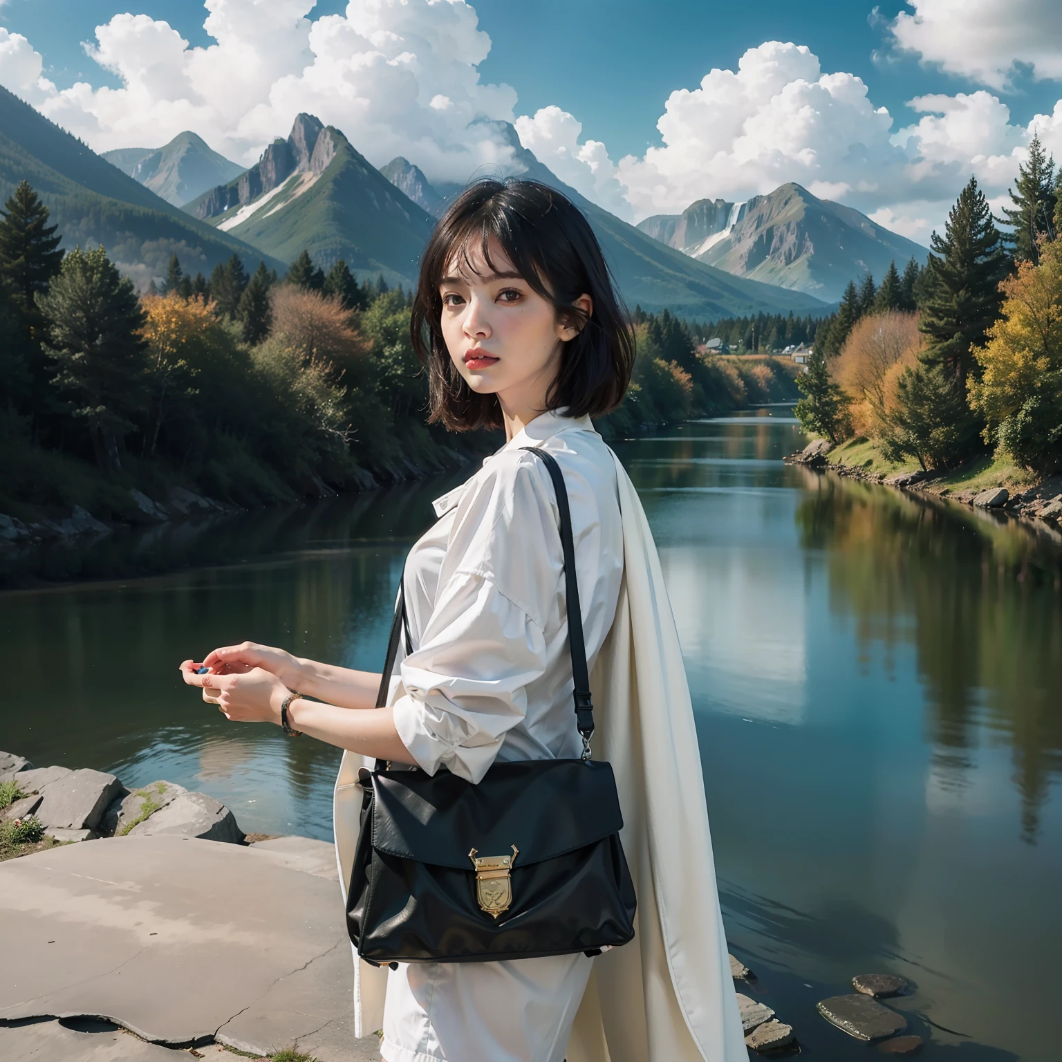 masterpiece, best quality, high quality, extremely detailed CG unity 8k wallpaper, scenery, outdoors, sky, cloud, day, no humans, mountain, landscape, water, tree, blue sky, waterfall, cliff, nature, lake, river, cloudy sky,award winning photography, Bokeh, Depth of Field, HDR, bloom, Chromatic Aberration ,Photorealistic,extremely detailed, trending on artstation, trending on CGsociety, Intricate, High Detail, dramatic, art by midjourney, 1 girl, fly in the sky,