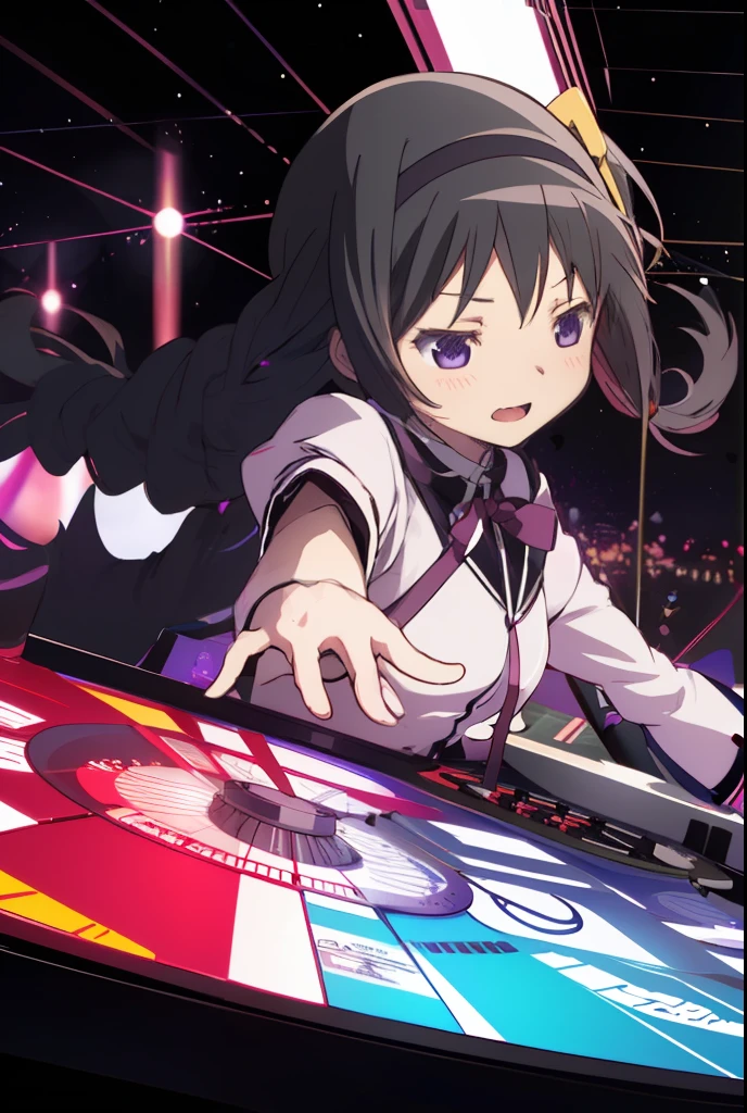 A solo shot featuring  homuramagica
homuraakemi a DJ, showcasing her skills on the turntables at a vibrant rave.