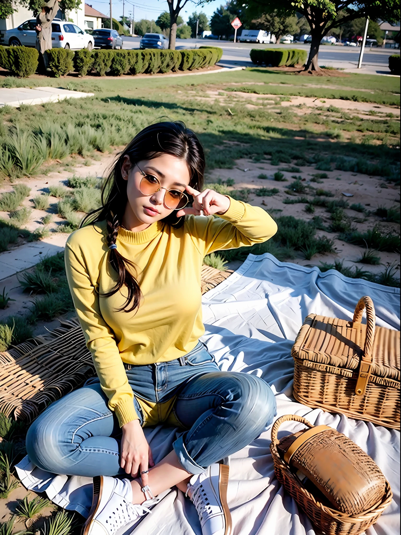 best quality, masterpiece, (photorealistic:1.4), detailed, UHD, Nikon d3500, natural lighting, depth of field, film grain,instant photo, analog photo, Best Quality, 1girl, lady, Perfect anatomy, pretty girl, pretty nose, 1girl, Detailed face, detailed eyes, long Dark brown hair, (Large breast:1.3), yellow sweater, high high-waist denim pants, natural light, soft shadows, v, V hand sign, Peace hand sign, Sunglasses, Picnic, picnic basket, white border, instant photo, film grain, pout kiss lips,