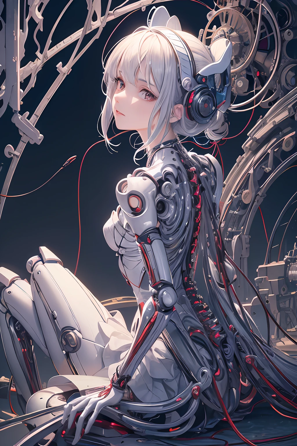 (((masterpiece))), (((best quality))), ((ultra-detailed)), (highly detailed CG illustration), ((an extremely delicate and beautiful)),(from side),cinematic light,((1mechanical girl)),solo,full body,(machine made joints:1.2),((machanical limbs)),(blood vessels connected to tubes),(mechanical vertebra attaching to back),((mechanical cervial attaching to neck)),(sitting),expressionless,(wires and cables attaching to neck:1.2),(wires and cables on head:1.2)(character focus),science fiction,extreme detailed,colorful,highest detailed