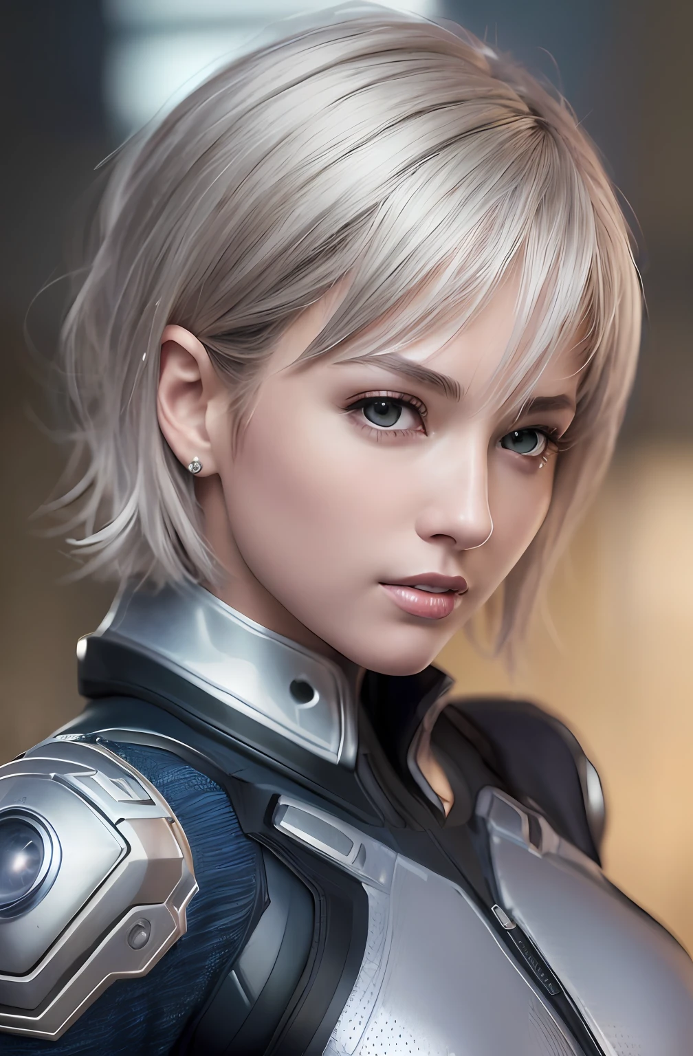 (8k, photorealistic, RAW photo, top quality: 1.4), (1girl), super beautiful, (realistic face), (boyish, silver-colored berry short hair), beautiful cyberpunk suit, glares seducing viewer, beautiful expression, beautiful breasts, (realistic skin), beautiful smile, (soldier), attractive, ultra high resolution, ultra realistic, high definition, spoiled