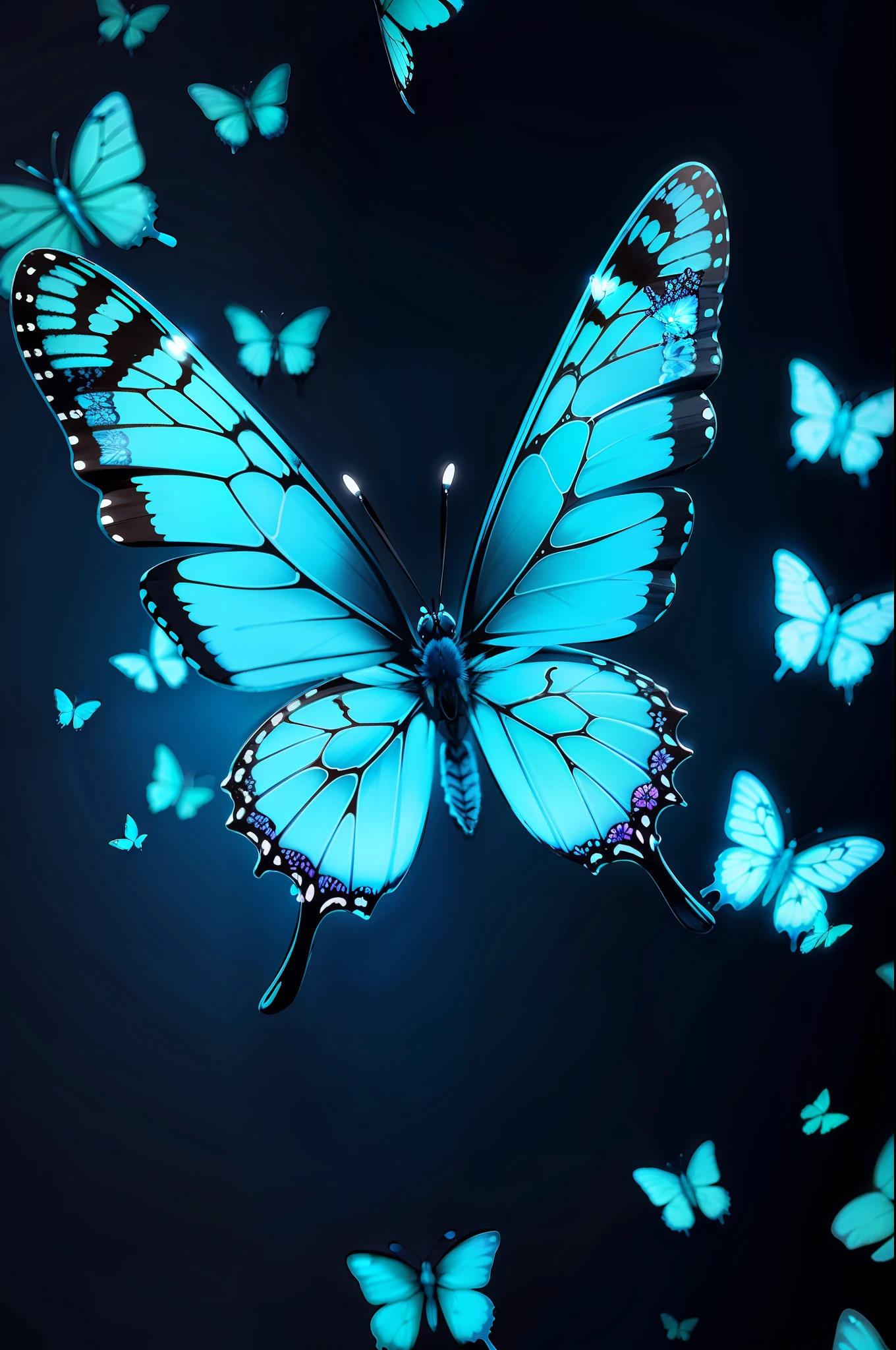Blue butterflies flying neon, floresta, noite,