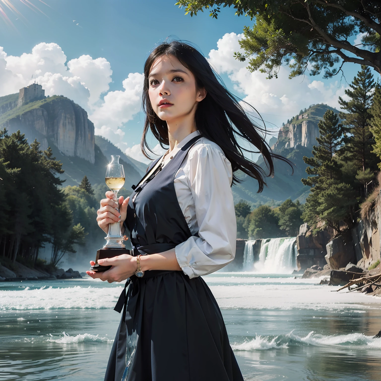 masterpiece, best quality, high quality, extremely detailed CG unity 8k wallpaper, scenery, outdoors, sky, cloud, day, no humans, mountain, landscape, water, tree, blue sky, waterfall, cliff, nature, lake, river, cloudy sky,award winning photography, Bokeh, Depth of Field, HDR, bloom, Chromatic Aberration ,Photorealistic,extremely detailed, trending on artstation, trending on CGsociety, Intricate, High Detail, dramatic, art by midjourney, 1 girl, fly in the sky,