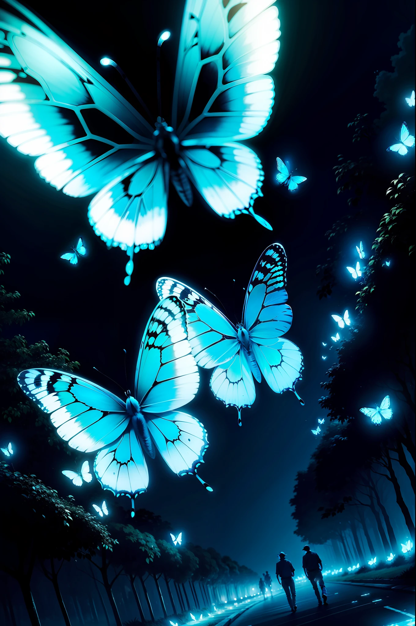 Blue butterflies flying neon, floresta, noite,