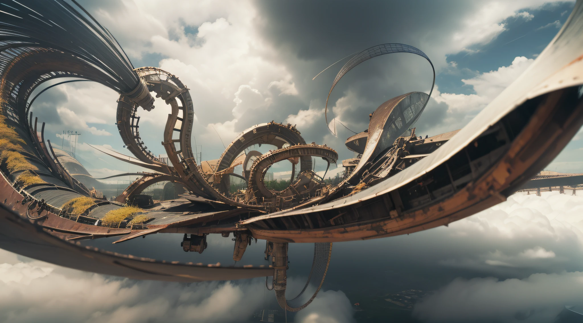 a heavily distorted, fading late morning heavily overcast sky, a singular object comprised of contorted feathers/machinery/pipes/rusted components is floating in the air, extra detail, 4kHD details, best resolution, surrealistic composition, extreme camera angle, motion blur, depth of field, foreshortening, tilted camera angle, cinematic lighting, movie scene, precise details, intense details, panoramic image, fish eye lens