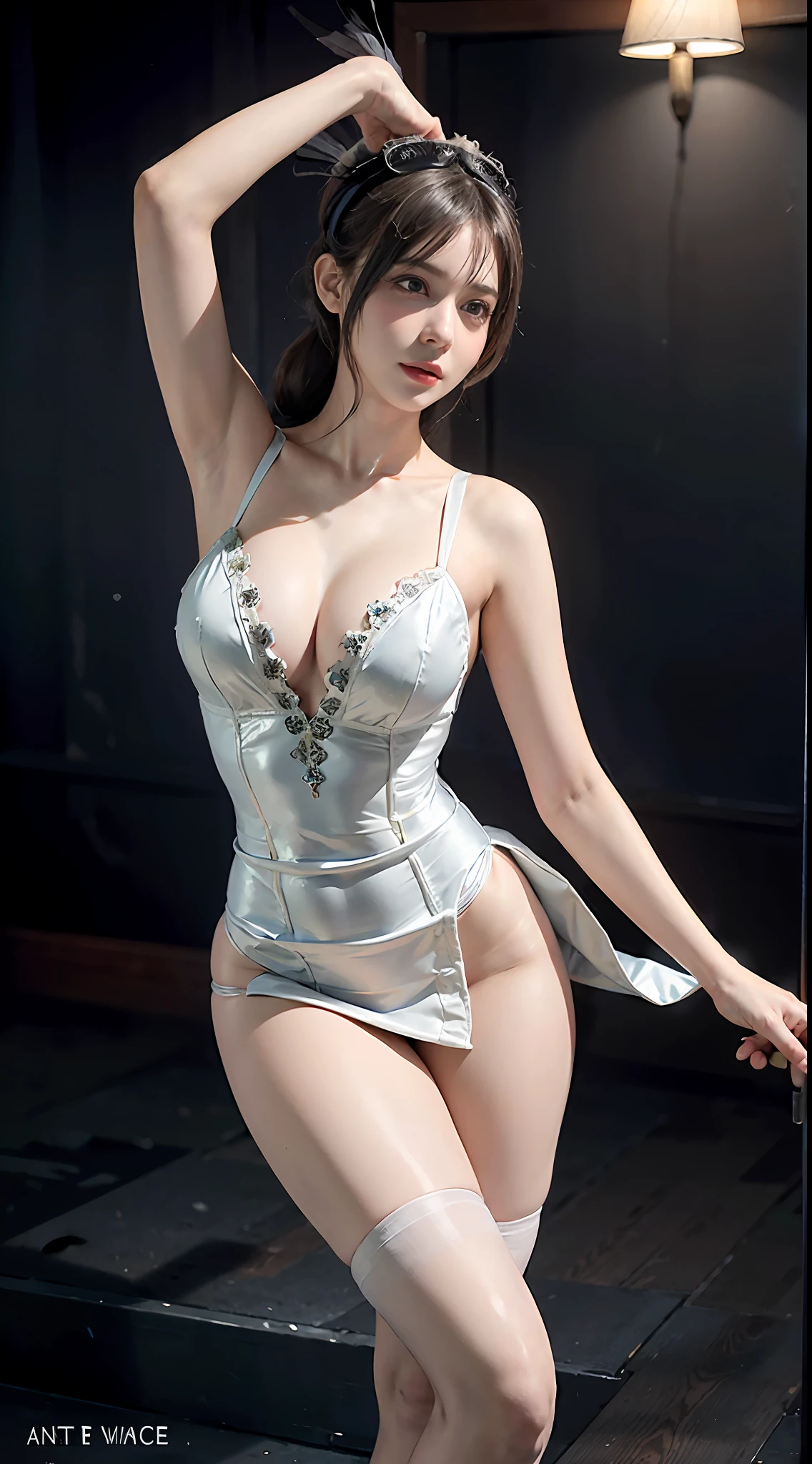 (Front focus),(in the darkness nigth:1.6),Surrealist portraits of women by David Hockney and Alphonse Mucha,Fantasyart,photographrealistic,动态照明,art stations,poster for,Volumetriclighting,Very detailed faces,4 k'',Award-Awarded, Girl, In the dark, deepshadow, low tune, (Tutu dress,White ballet costume,Animal headdress,Ballet costume,Superskirt:1.4), long whitr hair, huge tit,Very large breasts,low chest,deep v big breasts,shift dresses,cleavage,Redlip,wearing a choker,Bigchest,Breast swelling,Large breasts,full,A plump chest, Breasts,ballet dance,Superskirt,The skirt floated,Hair flowing up,Hot dance,Dancing beautifully,Beautiful posture,softness,is shy,laughingly,the breasts are large,lamplight,Stage,long leges,Thin leg,Tall,Bulging chest,Big breasts Thin waist,Dance,The chest is too big,Dance,Tall beauty,beautifullegs,Full-figured