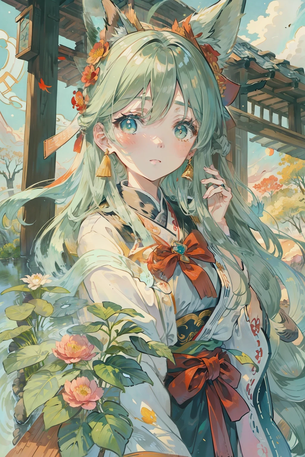 1girl,(fox ear:1.1),Shirakami Fubuki,looking at viewert,jewely,ribbon,Ribbon sleeves,long whitr hair,white colors,Aqua green eyes,watercolor paiting(Curly),colorized pencil(Curly),green bow,(blue rose:1.1), 耳Nipple Ring, mont, eventide, fall leaves, ((autumn)), Hanfu, clouds, east asian architecture, The bird, face expressionless, buildings, red rose, rosette, yuki, snowflower, firey, (nagishiro mito:1.2 ), Skysky, blue-sky, Red Moon, fox tails, kitsune mask, reddress, dampness, Sateen, Eau, flor branca, blueflower, yellowflower, meteors, starrysky, The tree, Green background, rainbowing, bloods, casa,the street,(rios:0.8),(the ocean:0.8),(waterfallr:0.8),Hands are not displayed,Ears are not shown,lamp post,lamp lights,(the night:1.255),hitodama