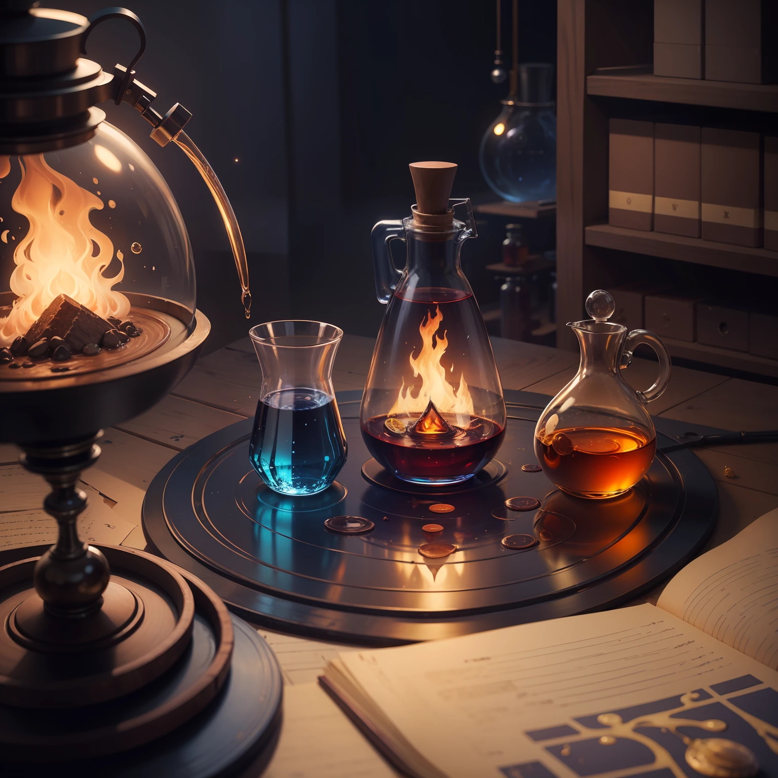 Alchemy laboratory, realistic, diverse magical ingredients with personal reflections within each of them. Fireflies fly around,8k, shades of navy blue and burgundy throughout the backdrop