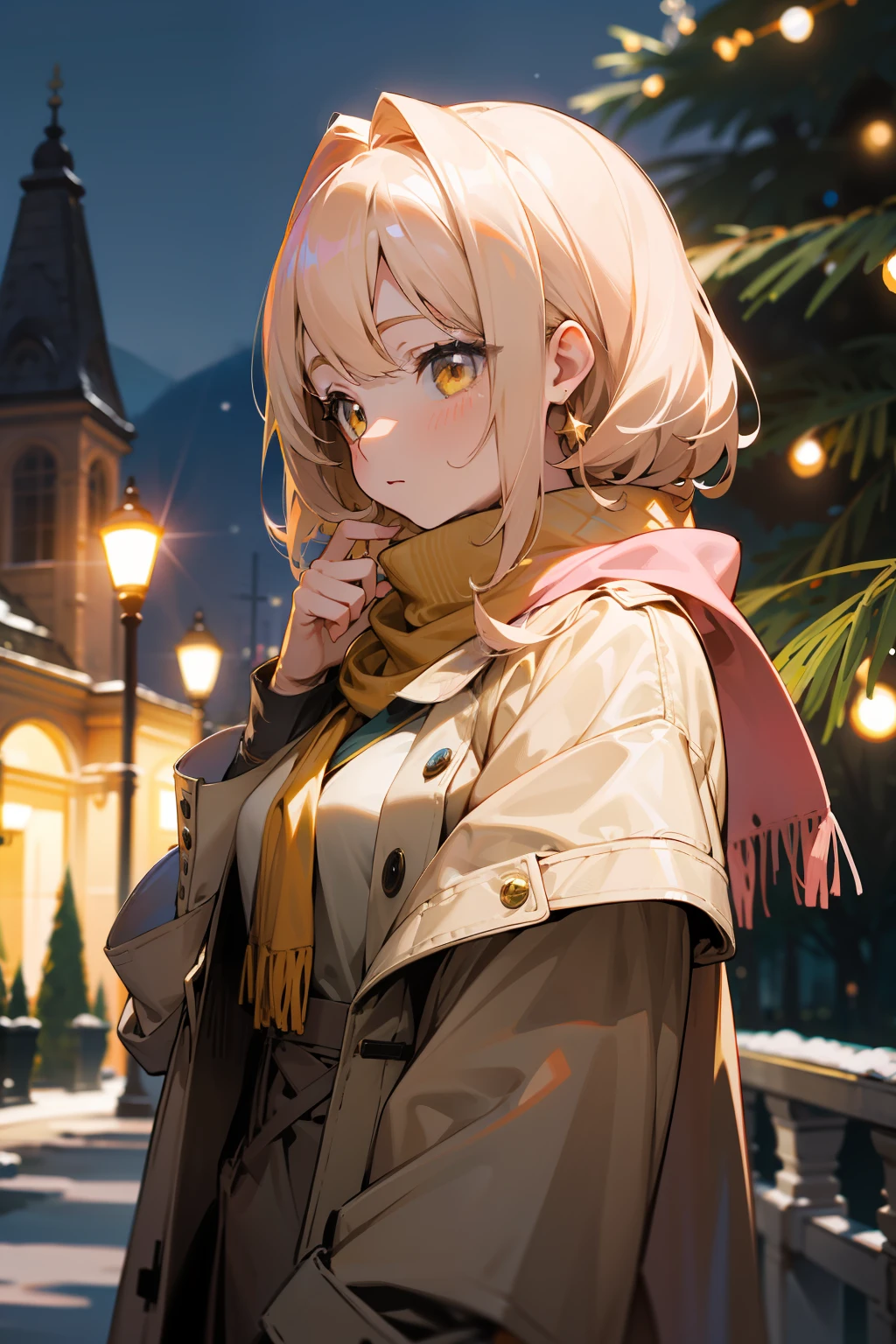 tmasterpiece,Best quality at best,the detail,A high resolution,anime figure,chiquita,Beige hair,Golden eyes,Wrap around a light pink scarf,Wear a sky blue down jacket,Only the upper body can be seen,Side Body,In Park,during night,nevando,There is a huge Christmas tree in the back,There are colorful lights on it