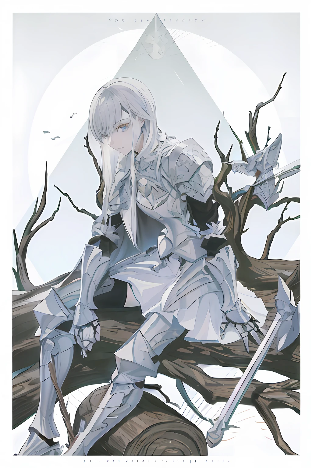 Anime - Stylistic illustration of a female knight sitting on a branch, with sleek silver armor, nier autoamata, From Arknights, nier, griffith, covered in full silver armor, sliver ice color reflected armor, clean and meticulous anime art, Neil 2 B, 2b Deny automata, claymore, Silver armor, zerochan art, full portrait of magical knight