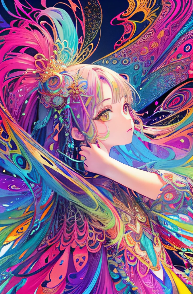 (masterpiece、top-quality、top-quality、Official art、Beautifully Aesthetic:1.2)、Highly detailed fractal art、(colourfull:1.5)、highest details、Zentangle、a closeup、 (1girl in:1.5), 独奏, (dynamicposes), (Abstract background:1.5), (shinny skin),