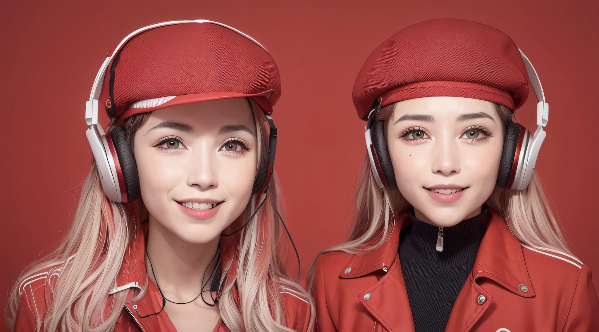 Two women wearing red hats and headphones are posing for a photo, com fones de ouvido, foto de retrato em close-up, usando um fone de ouvido, foto de retrato, vestindo trajes vermelhos, Retrato da menina piloto bonito, com fones de ouvido, Boinas, retrato de alta qualidade, Fones de ouvido vermelhos, Fones de ouvido flutuantes, arte oficial, uniforme vermelho, usando fone de ouvido, linda Delphine, cg arte, vestindo roupas vermelhas