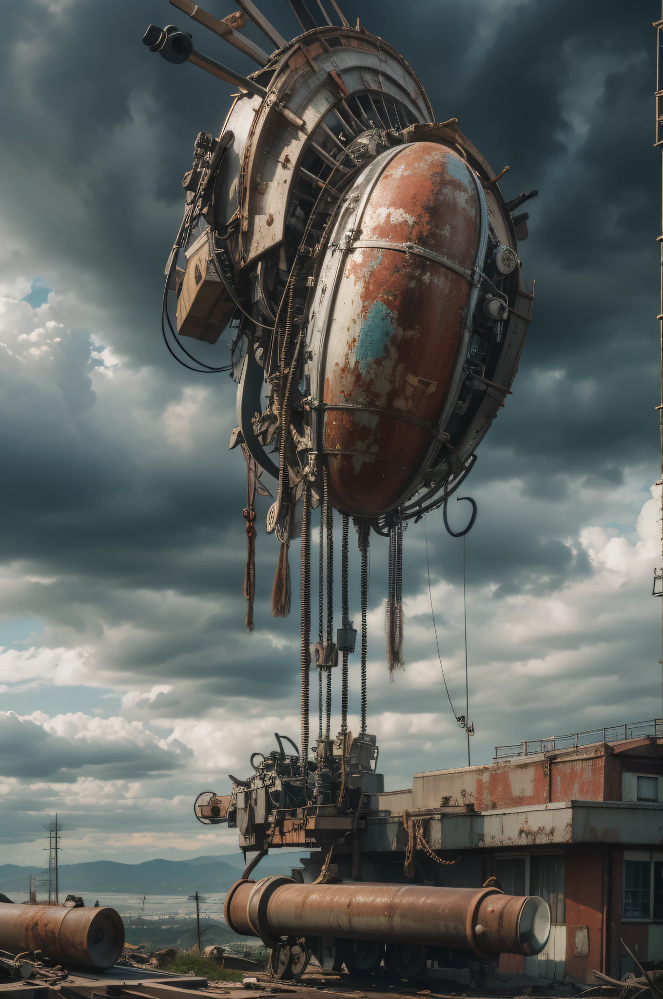 a heavily distorted, fading late morning heavily overcast sky, a singular object comprised of contorted feathers/machinery/pipes/rusted components is floating in the air, extra detail, 4kHD details, best resolution, surrealistic composition, extreme camera angle, motion blur, depth of field, foreshortening, tilted camera angle, cinematic lighting, movie scene, precise details, intense details, panoramic image, fish eye lens