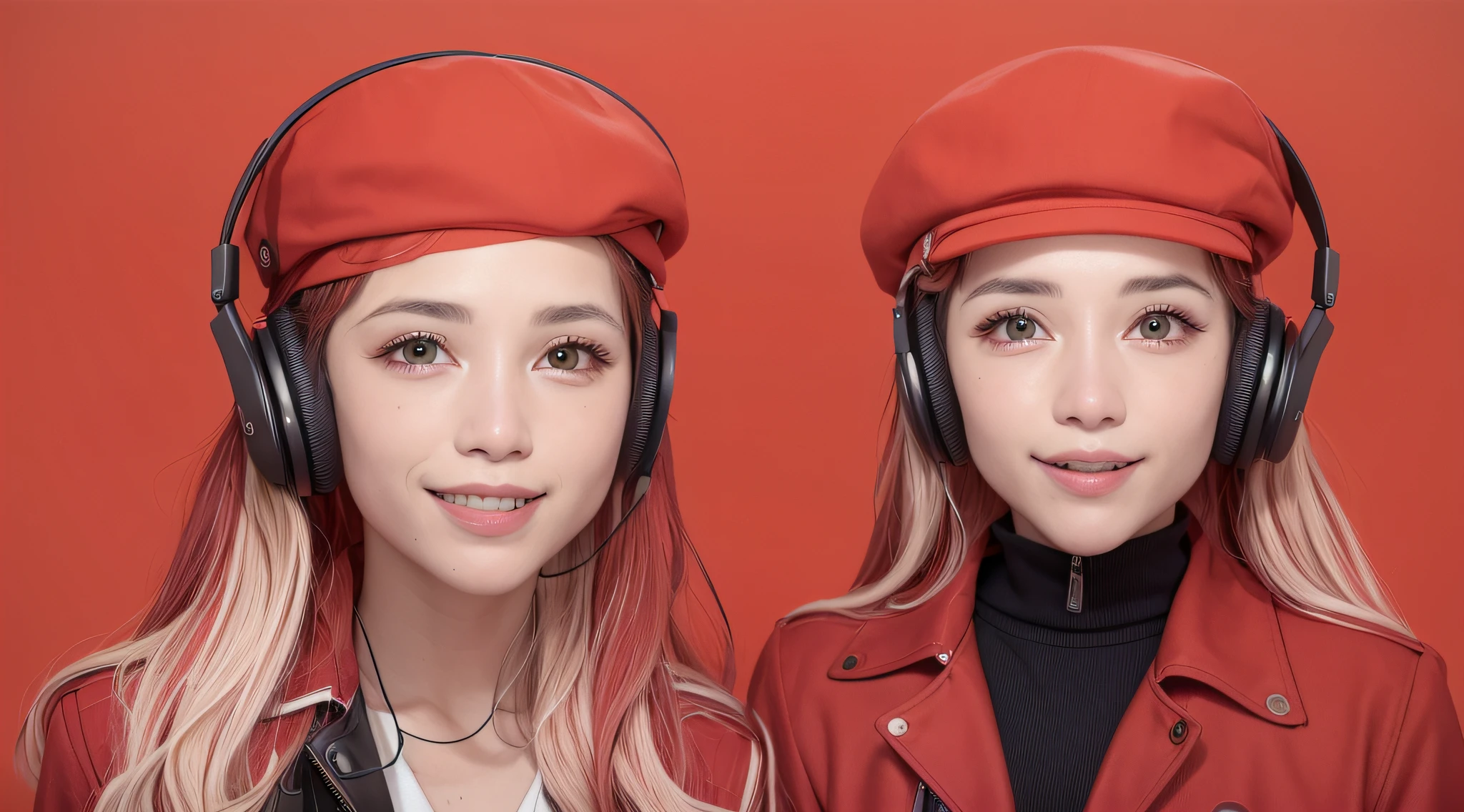 Two women wearing red hats and headphones are posing for a photo, com fones de ouvido, foto de retrato em close-up, usando um fone de ouvido, foto de retrato, vestindo trajes vermelhos, Retrato da menina piloto bonito, com fones de ouvido, Boinas, retrato de alta qualidade, Fones de ouvido vermelhos, Fones de ouvido flutuantes, arte oficial, uniforme vermelho, usando fone de ouvido, linda Delphine, cg arte, vestindo roupas vermelhas