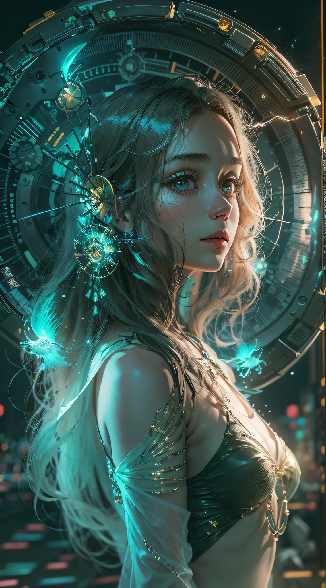 （（Bestquality））， （（A Masterpiece））， （（realisti））， portraits，1girle，full body portrait， celestial bodies， The god， a goddess， Light particles， Halo， looks at the viewer， Firm eyes， Bare Shoulders， Chest tube parietal， Poker face，（bioluminescense：0.9 girls 5）Ocean， bioluminescense， full of energy， colorful，，，，， colour， （bioluminescence， bioluminescence），（Beautiful composition）， Cinematic Lights， Wheels within wheels， （symmetric：0.5 girls）， Whimsical，