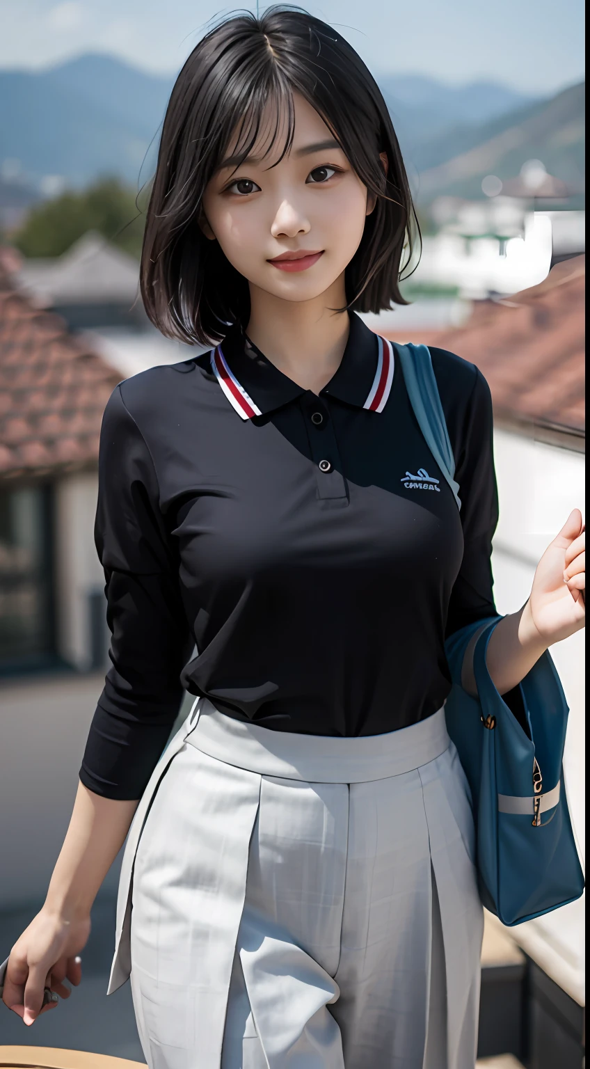 tmasterpiece、top-quality、真实感,Three-dimensional feeling,physically-based renderingt,A high resolution,A female high school student,Medium height,with a good figure,Short black shoulder-length hair、Manteau,Chinese school uniform,Long slacks,Carrying a school bag,Polo shirt,longer sleeves、Not exposed,ssmile,Toothy,on the rooftop,mountain ranges,ln the forest,blue-sky,dynamicposes,Well laid out,with whole body visible,Front Shooting,SLR shooting