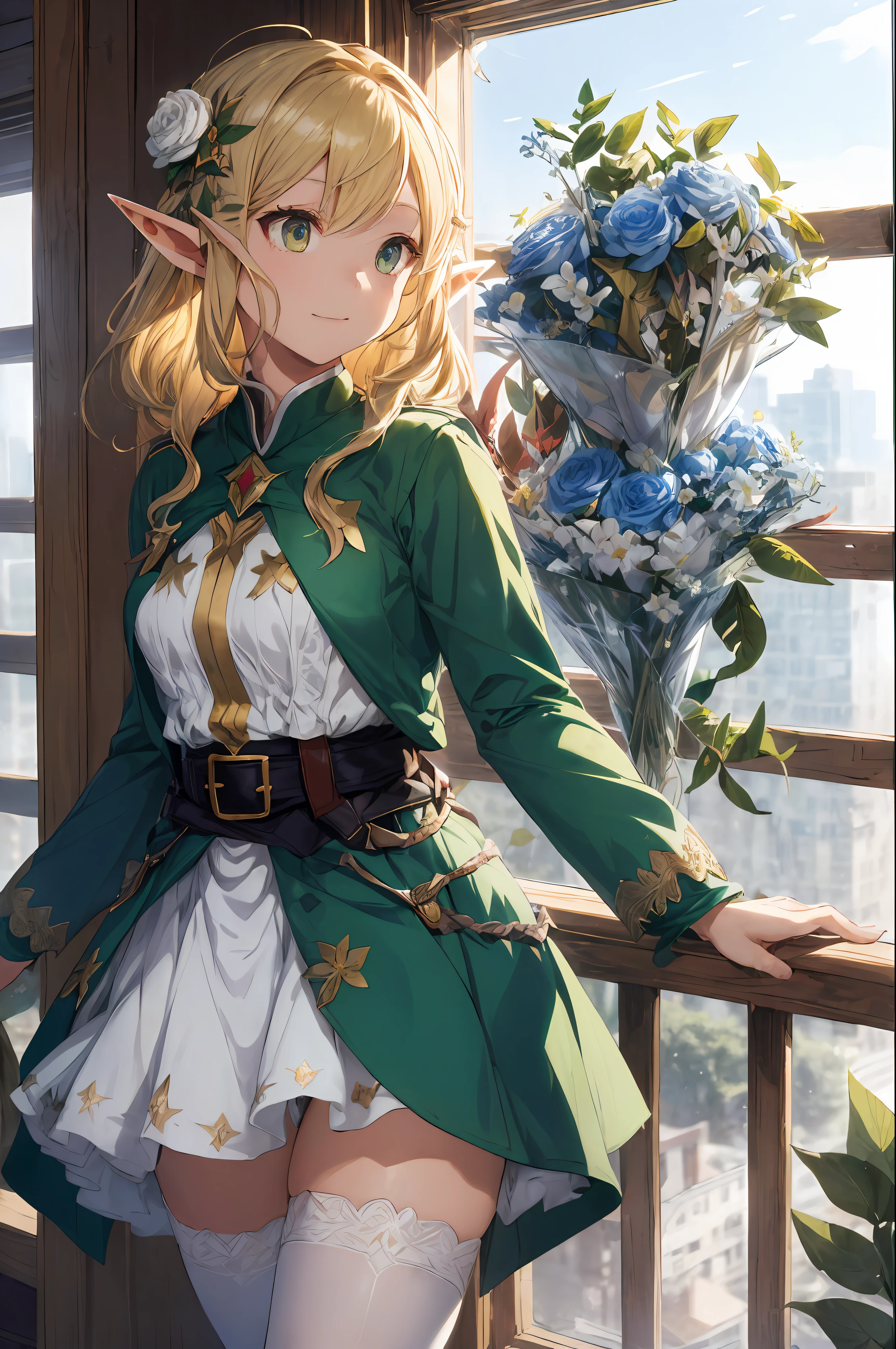 the golden ratio:1.2), (Rose graffiti:1.2), (Fault color:1.3), (full bodyesbian:1.2), (ultradetailed:1.3), (Ranger):1.6), (Paper:1.2), (the elf:1.6), full bodyesbian, Dangling, (mizore:1.2), (Golden hair), (Corolla hair ornament), (Floral hair ornaments:1.0), ((boot, medalion)), (Long cyan dress:1.0)+(Ranger coat:1.3)+(Fluttering colorful flowers and leaves:1.2 ), (White stockings:1.2), (Colored ink paper flowers:1.2), (Colorful flower sea background:1.3), (Chaotic geometry: 1.3), (Drawing board:1.3 ), (Etheric color ink flows:1.3)（Holding a bouquet of flowers in both hands）, （s girl）（lively and lovely）, （Weak gas）, Blonde hair，Huge forest background,(((Masterpiece, Highest quality, precision, hyper-detailing)))), (fantasy)), ((elf woman))))), ((Gold embroidered white miniskirt))))), (Blonde long braid hair), (Large shiny dark green eyes), ((Green coat，gold embroidery)), ((Big)), Smile, (((Looking out the window of the 30th floor of the old tower))), Dynamic Angle（perfect bodies：1.1），（Short wave hair：1.2）（极其细致的CG 8k壁纸），（Extremely refined and beautiful），（tmasterpiece），（best qualtiy：1.0），（超A high resolution：1.0），beautiful light up，perfect lightning bolt，realistic shaded，[A high resolution]，Delicate skin，ultra - detailed