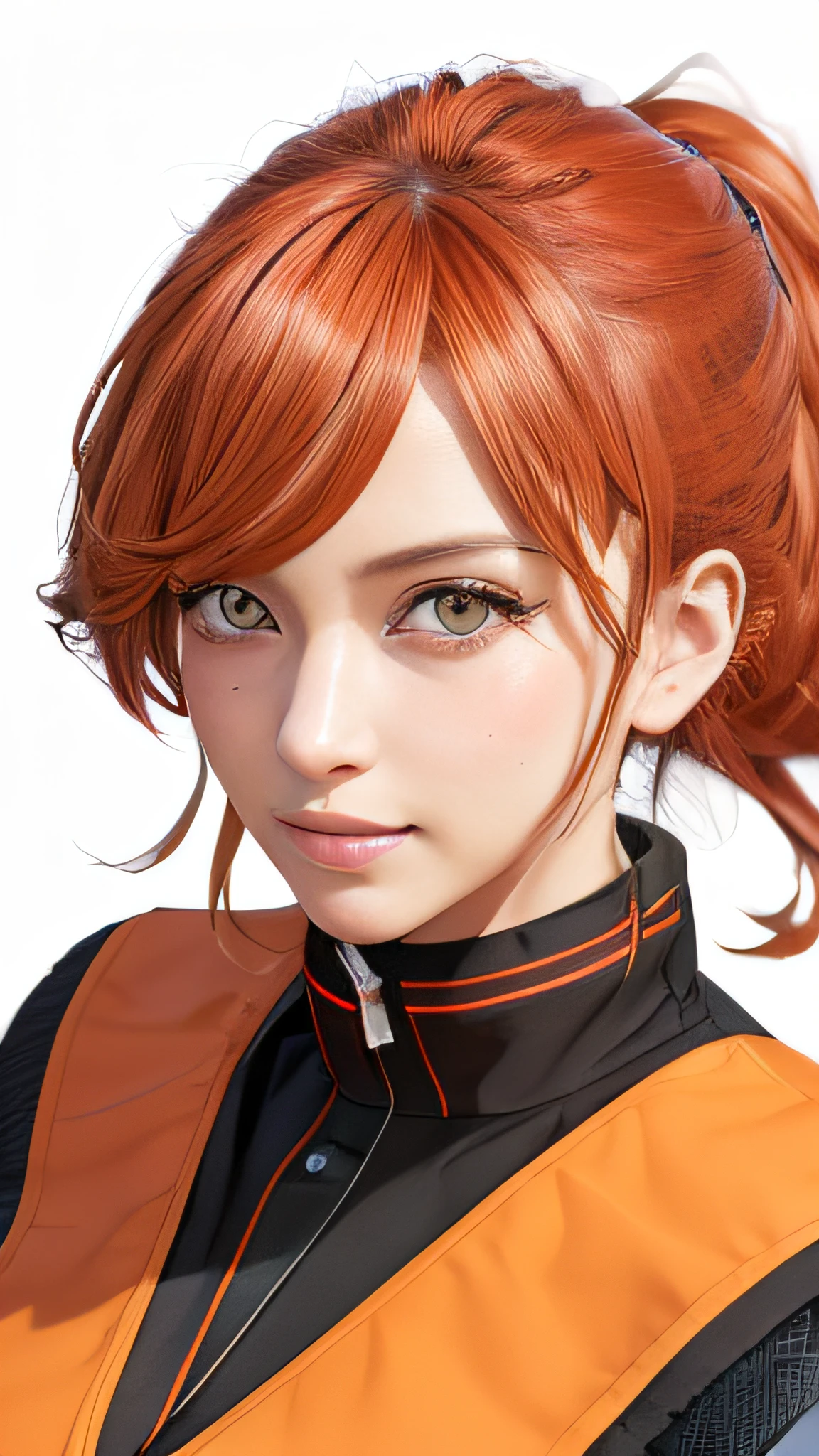 (Meisterwerk:1.2), (best quality:1.2), (Ultra-High-Res:1.2) ,(8k resolution:1.2), (portrait:1.5),(sweet smile: 1.2),
Science-Fiction,girls frontline,Nahe Zukunft,Survival at the end of the world,
1 Frau,orangefarbene Haare, die mit einem Pferdeschwanz gebunden sind , orangefarbene Augen ,
Kaala,
