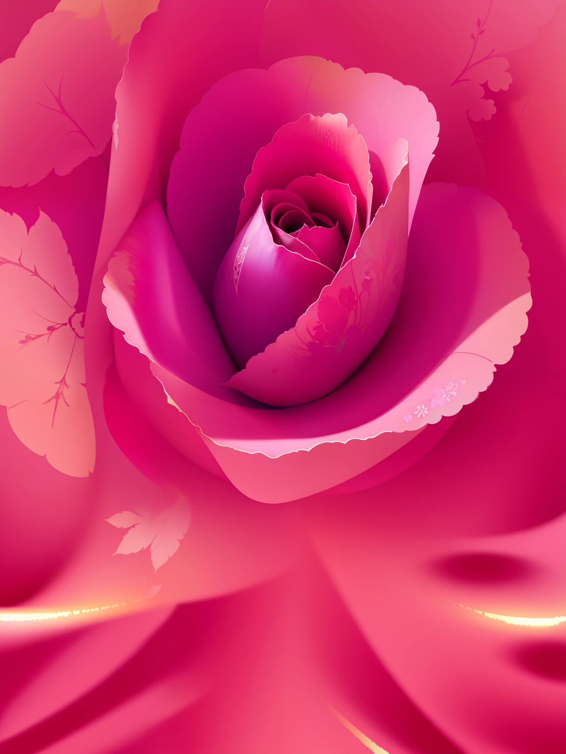 Abstract pink rose，Inky leaves，the wallpaper，gouache painting，The flowers and leaves are intact，Graphic design style，iintricate，Clear details，Has a small amount of metallic linear color，White clean undertone