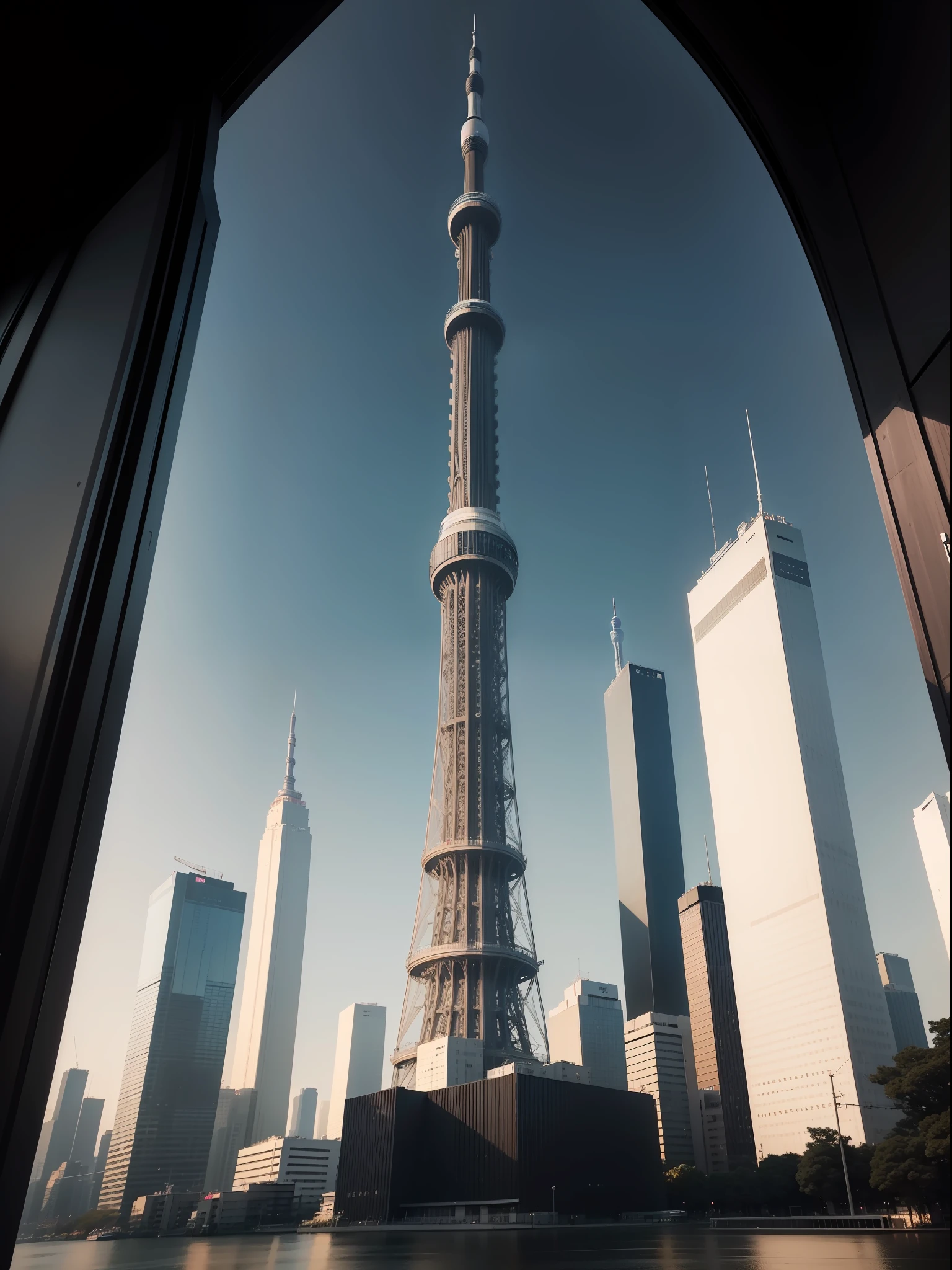 Only the Tokyo Skytree is built on an empty black plateau.、black backgrounds、darkmode、top-quality、ultra-detailliert、An ultra-high picture quality、Hi-Res