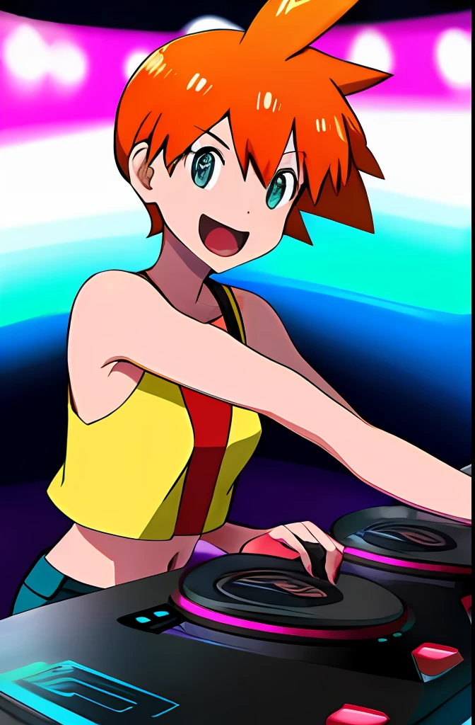 A solo shot featuring  1girl
misty_(pokemon) a DJ, showcasing her skills on the turntables at a vibrant rave.