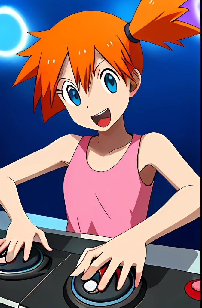 A solo shot featuring  1girl
misty_(pokemon) a DJ, showcasing her skills on the turntables at a vibrant rave.