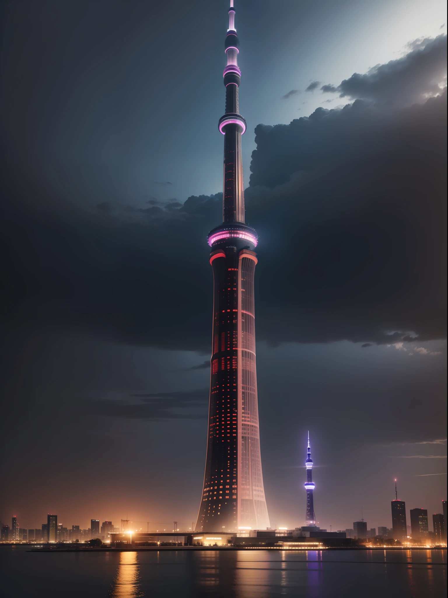Only the Tokyo Skytree is built on an empty black plateau.、black backgrounds、darkmode、top-quality、ultra-detailliert、An ultra-high picture quality、Hi-Res