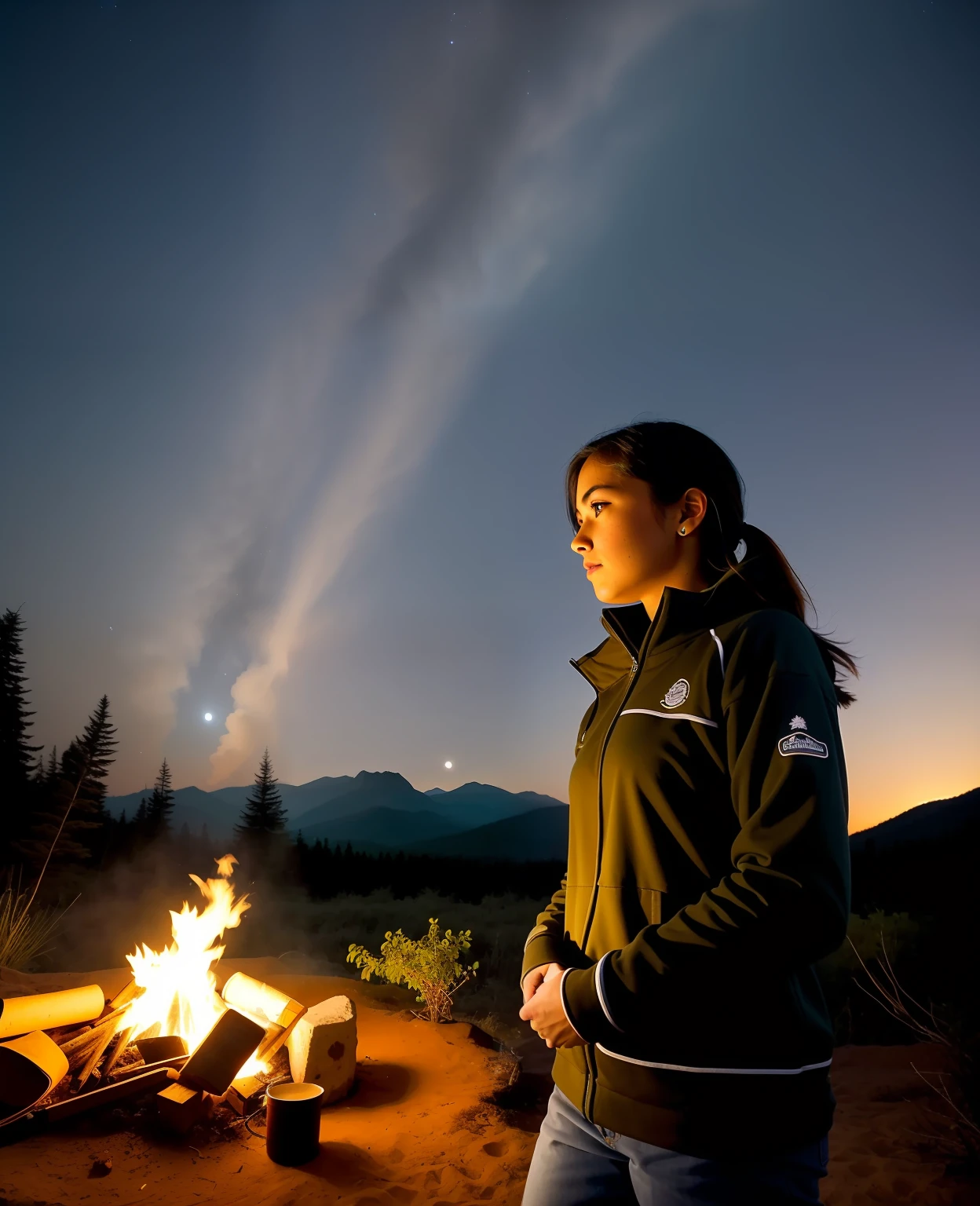 1 mulher , feliz)), obra-prima, melhor qualidade, ultradetalhada, solo, ao ar livre, (noite), montanhas, natureza, (estrelas, lua) alegre, feliz, mochila, saco de dormir, camping stove, water bottle, botas de montanha, luvas, pullover, kalap, lanterna, floresta, pedras, rio, madeira, smoke billowing, sombras, contraste, clear sky, analogue style , (matiz quente, tom quente: 1,2), close-up, cinematiclight, side-lighting, Ultra high resolution, melhor sombra, RAW, parte superior do corpo, wearing pullover