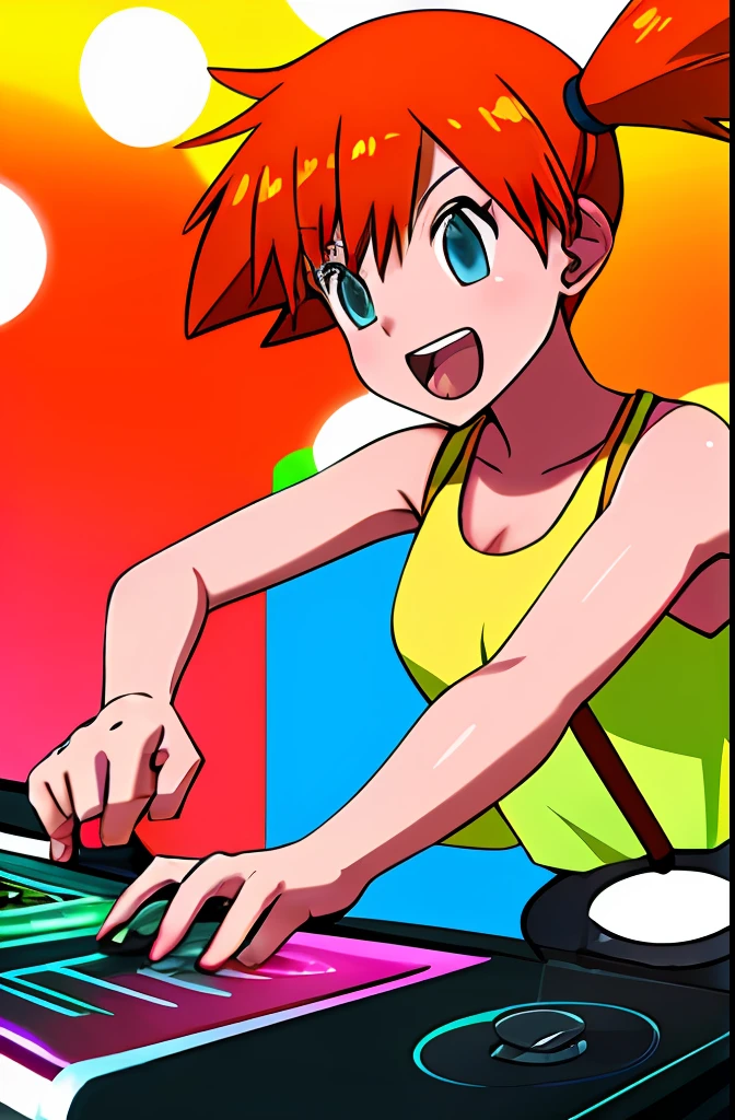 A solo shot featuring  1girl
misty_(pokemon) a DJ, showcasing her skills on the turntables at a vibrant rave.