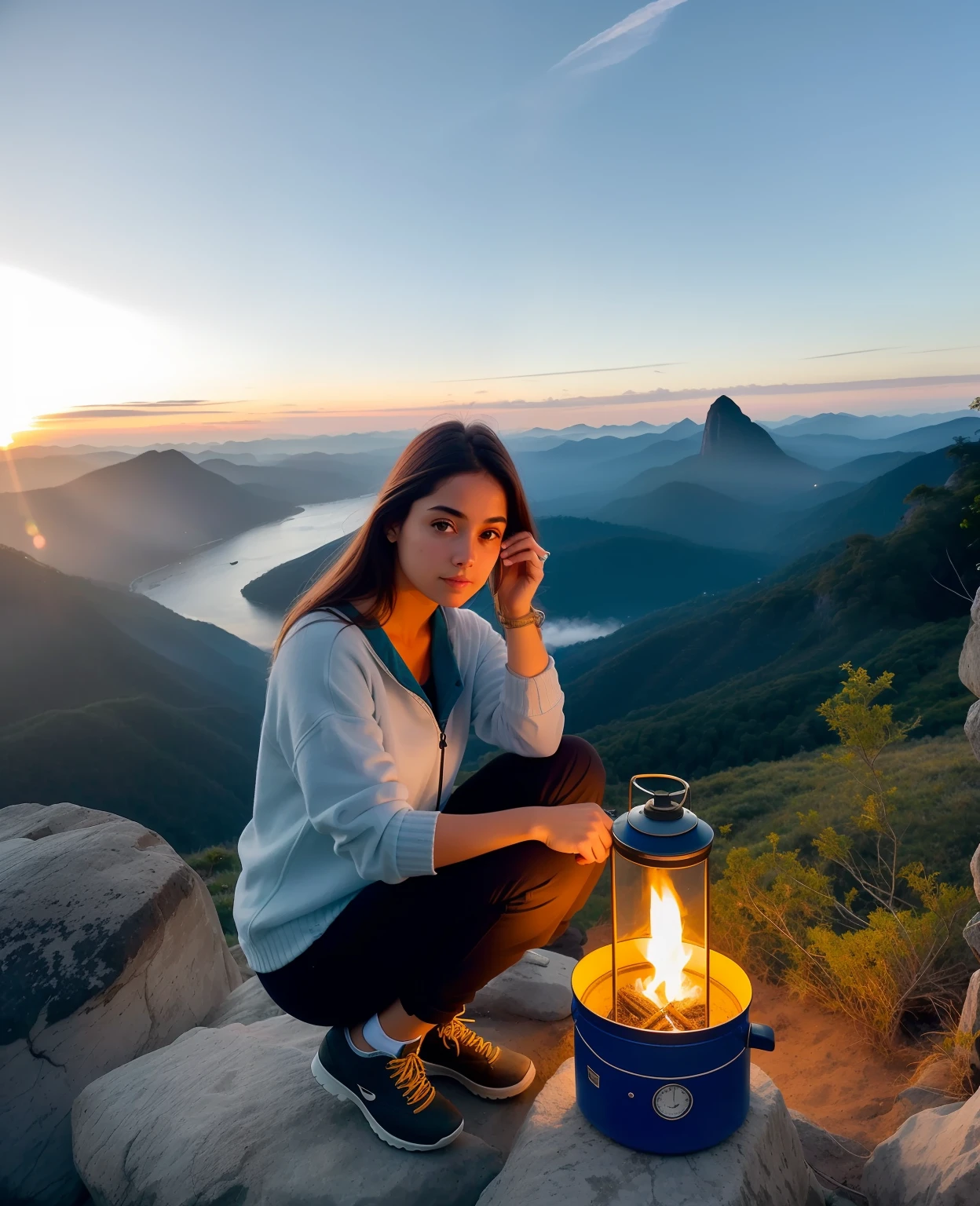 1 mulher , feliz)), obra-prima, melhor qualidade, ultradetalhada, solo, ao ar livre, (noite), montanhas, natureza, (estrelas, lua) alegre, feliz, mochila, saco de dormir, camping stove, water bottle, botas de montanha, luvas, pullover, kalap, lanterna, floresta, pedras, rio, madeira, smoke billowing, sombras, contraste, clear sky, analogue style , (matiz quente, tom quente: 1,2), close-up, cinematiclight, side-lighting, Ultra high resolution, melhor sombra, RAW, parte superior do corpo, wearing pullover