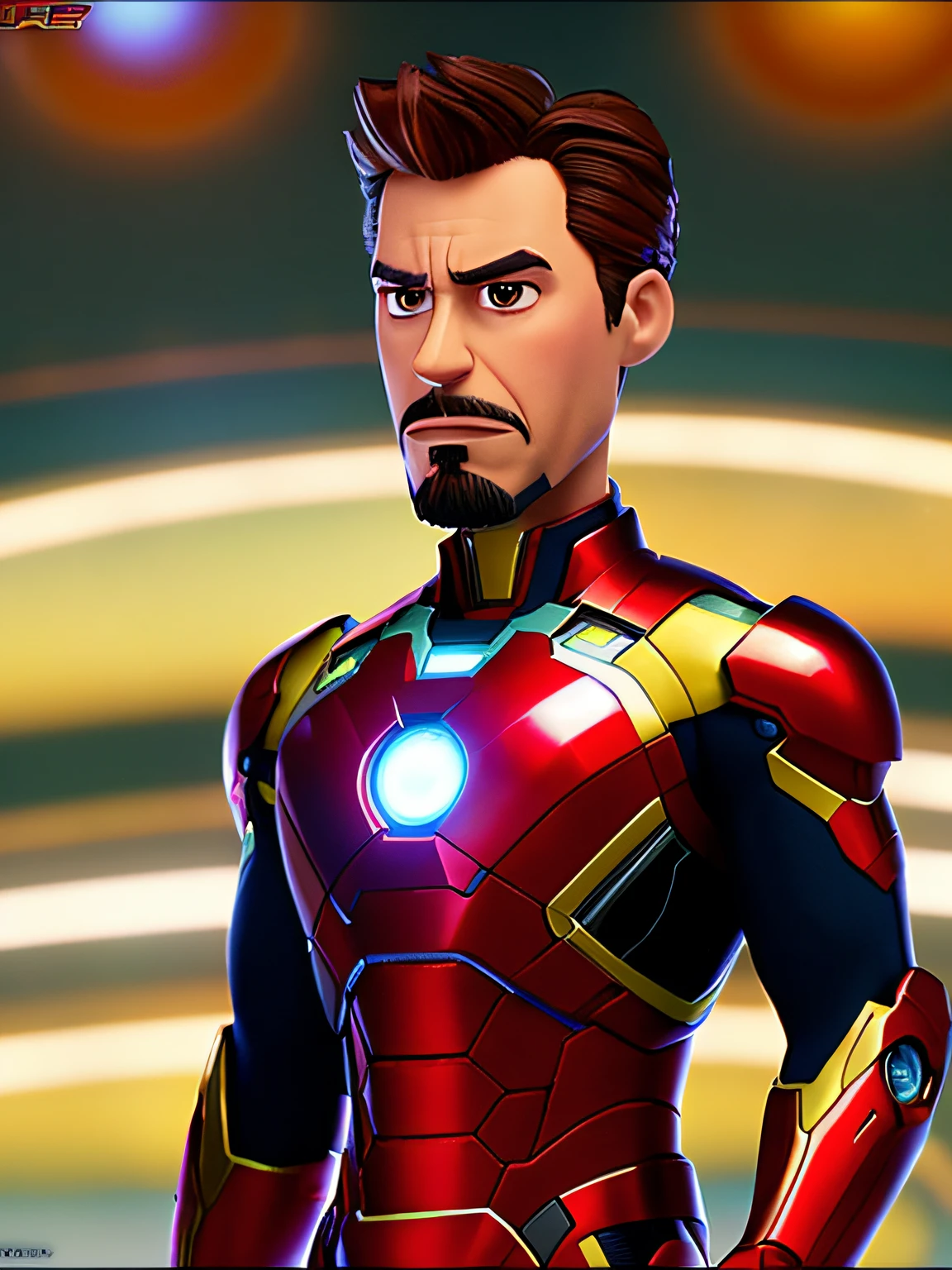 Tony Stark en traje de Ironman, no mask, (estilo pixar) (obra maestra: 1.2) (Bokeh) (La mejor calidad) (Cuero detallado) (Textura detallada) (8k) (claymation) (cinematography lighting) (foco nítido)