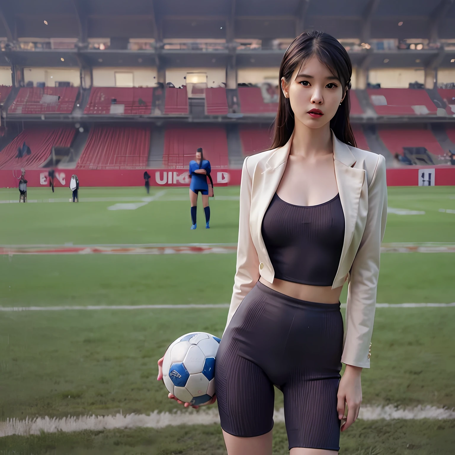 nikon RAW photo,8 k,Fujifilm XT3,photorealistic,realistic, solo, photorealistic, best quality, ultra high res, (skin spots:0.1) serious expression, , standing against a soccer field, woman football tight sexy suit, football lady clothes, masterpiece, best quality, extremely detailed face, perfect lighting, solo,1girl, sexy sight best quality, ultra high res, photorealistic, ultra detailed, masterpiece, best quality, iu1, tiny nice butt