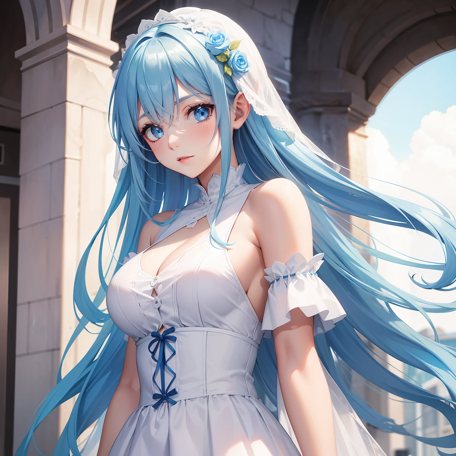 a women, blue hair, blue eyes, white dress