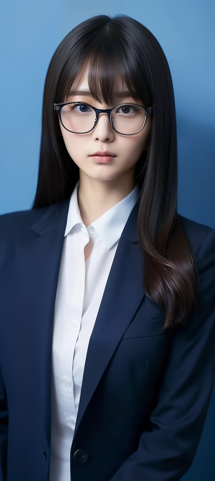 japanes、28 year old、femele、Wearing a black recruit suit、semi long hair、Bangs are down、No makeup、Looks faint-hearted、light skinned、A slender、Solid blue background、Large margins、Stand straight、ID photo、Wearing glasses