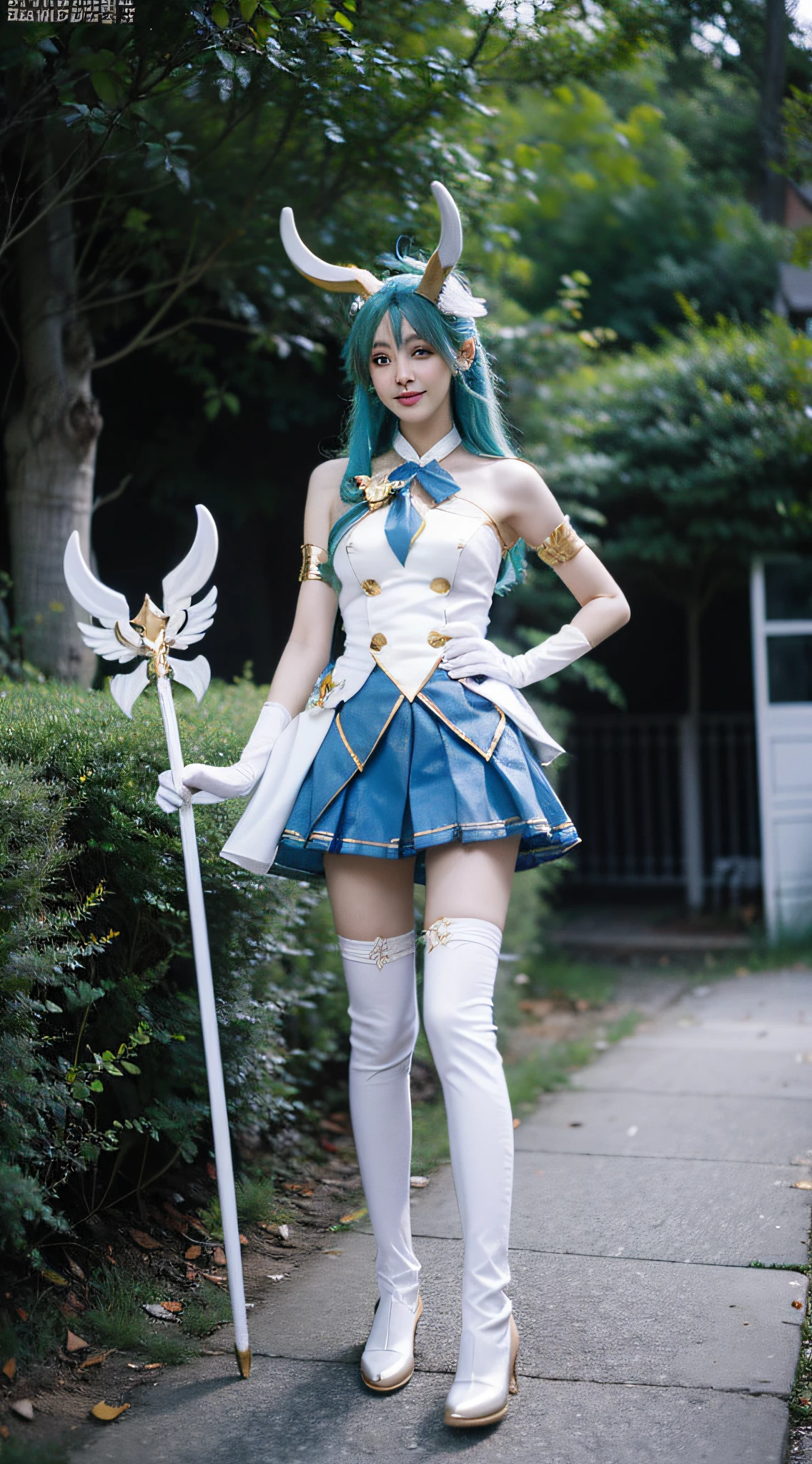 1girl,moyou,star guardian soraka, full body,elbow gloves,white thighhighs,no shoes,outdoors