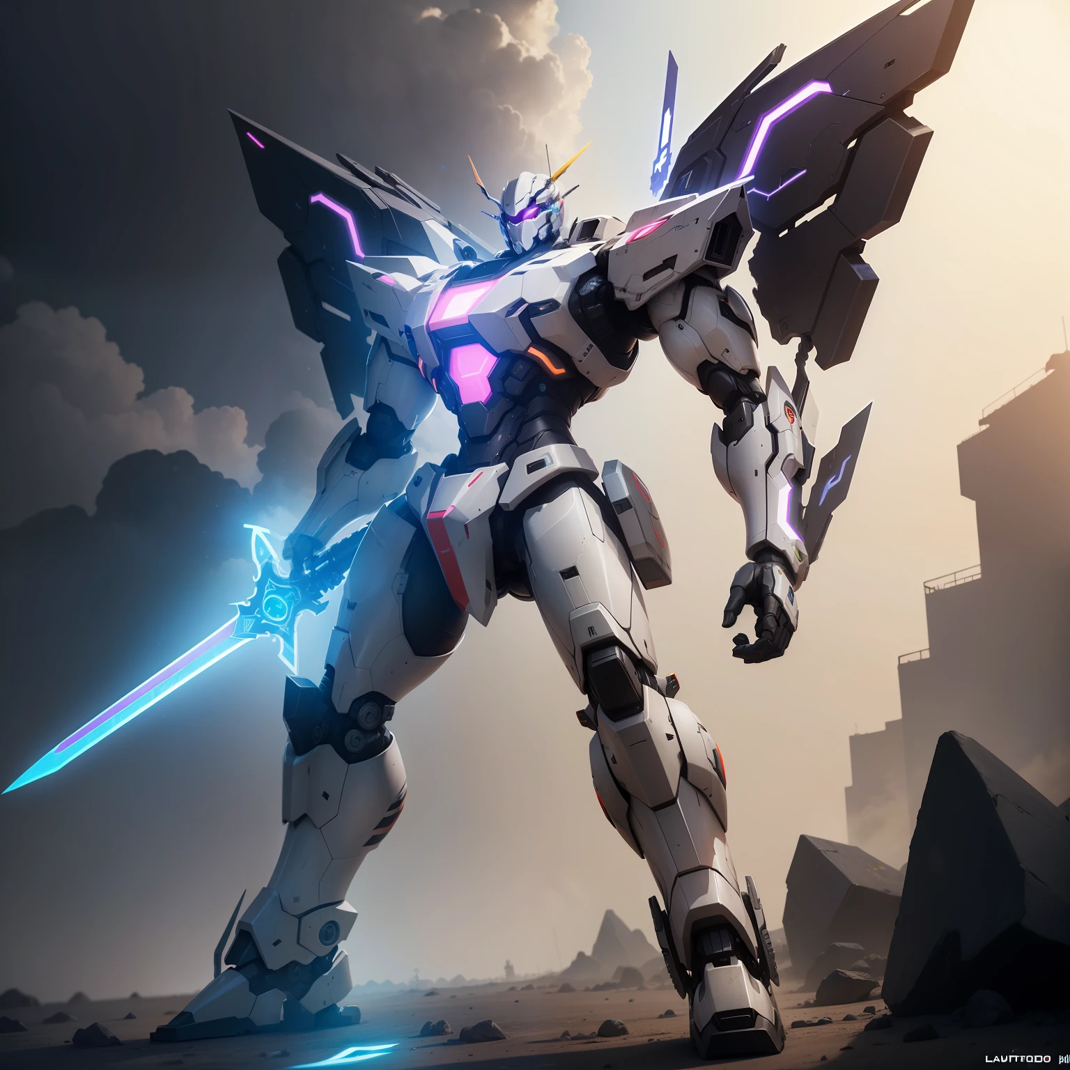 Mecha, lutando, 4k, ultra realista, Light background with neon colors, sword in hand, de lado, corpo inteiro